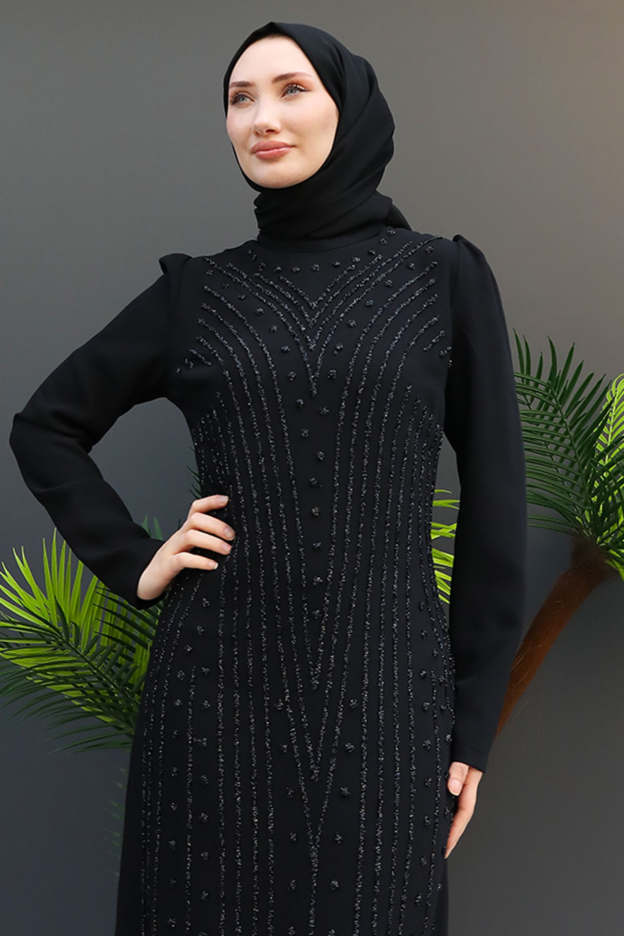 Sıralı Taşlı Kalem Elbise Siyah - 5