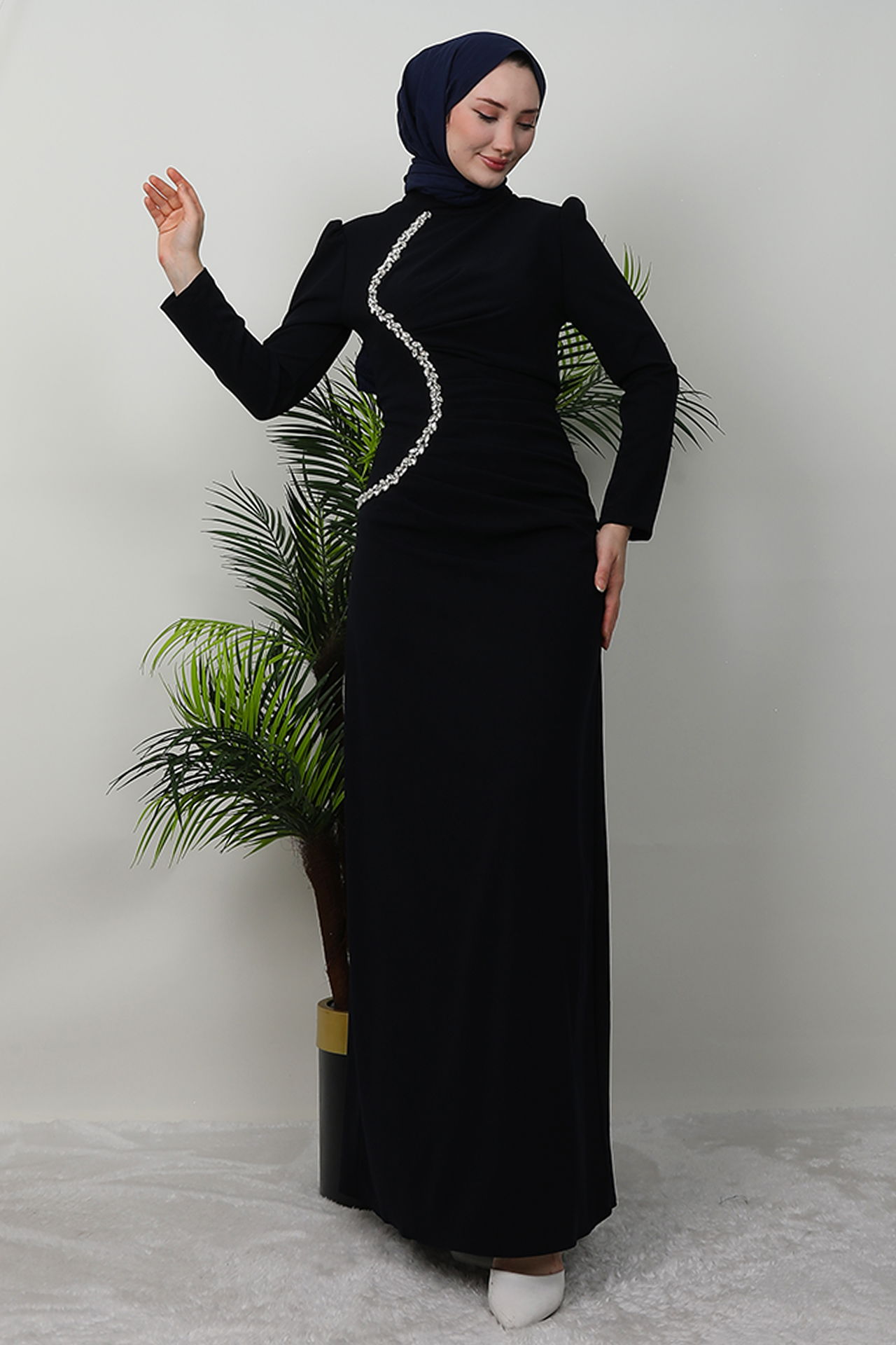 Zerafet Taşlı Elbise Koyu Lacivert - 4