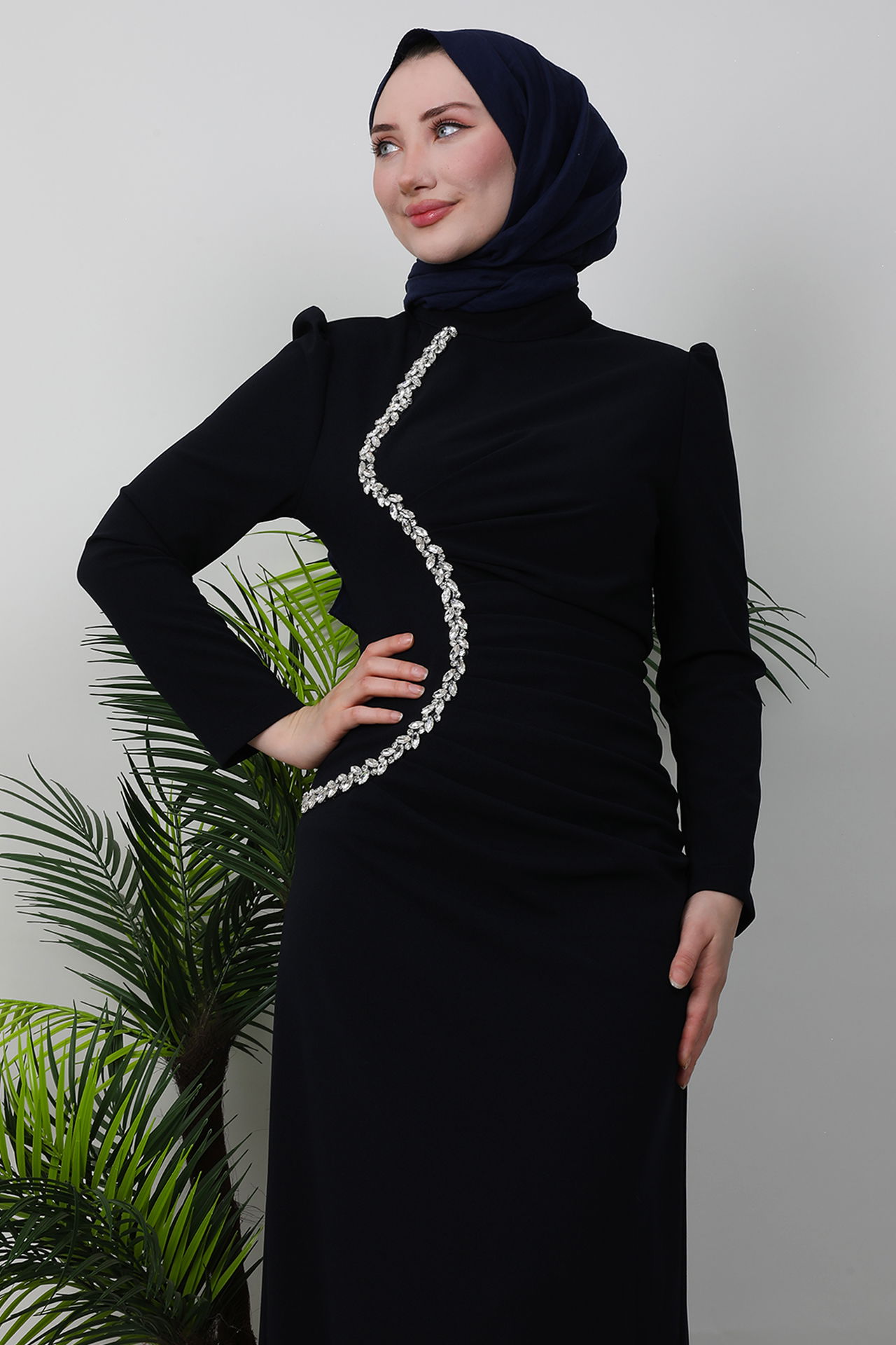 Zerafet Taşlı Elbise Koyu Lacivert - 5