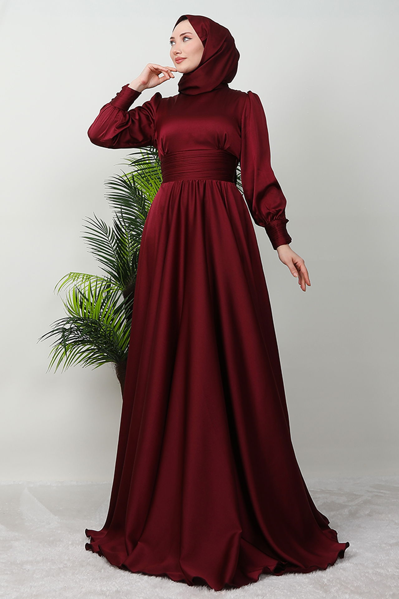 Beli Pileli Saten Abiye Bordo - 1