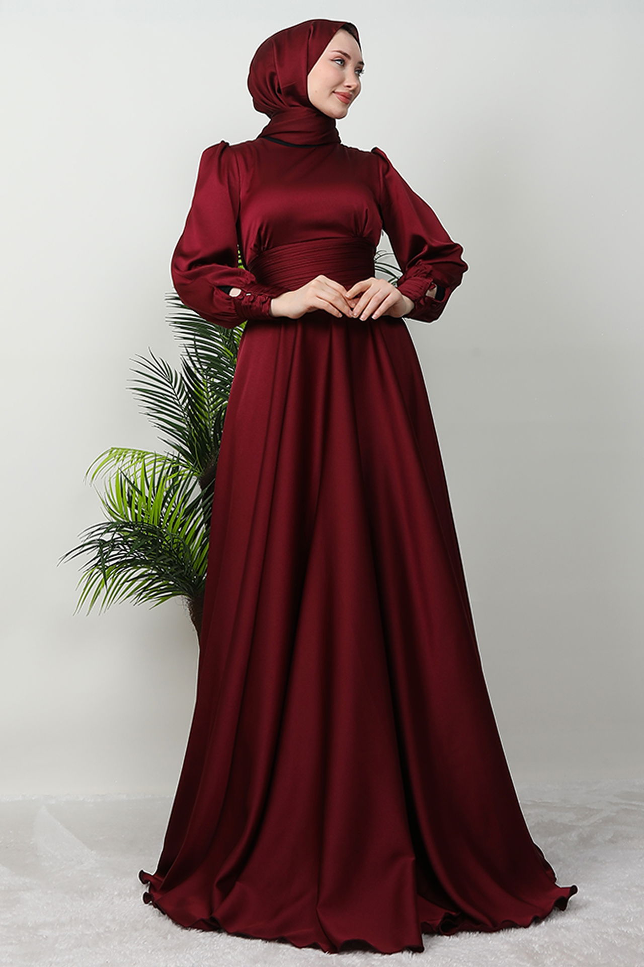Beli Pileli Saten Abiye Bordo - 3