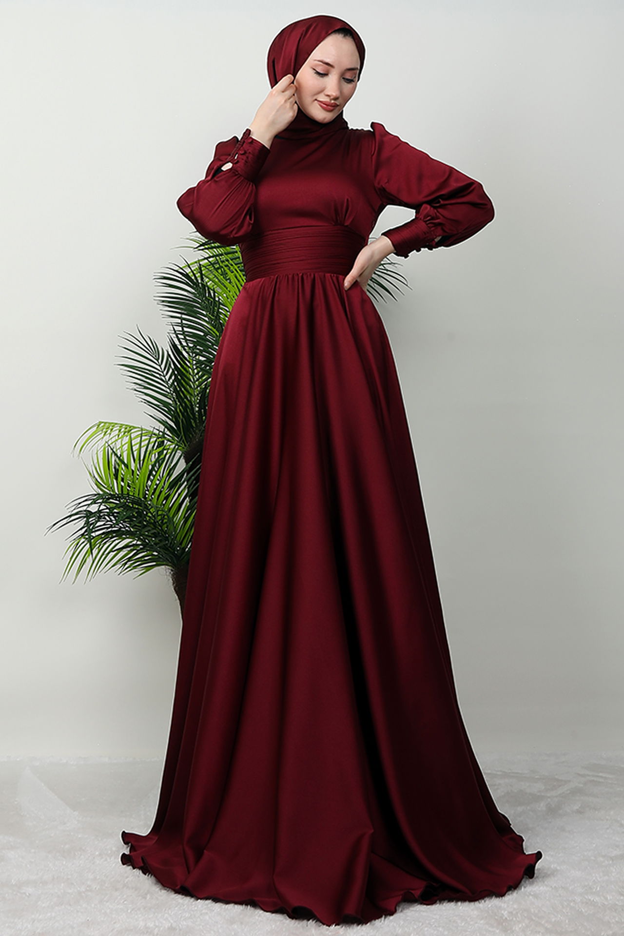Beli Pileli Saten Abiye Bordo - 4