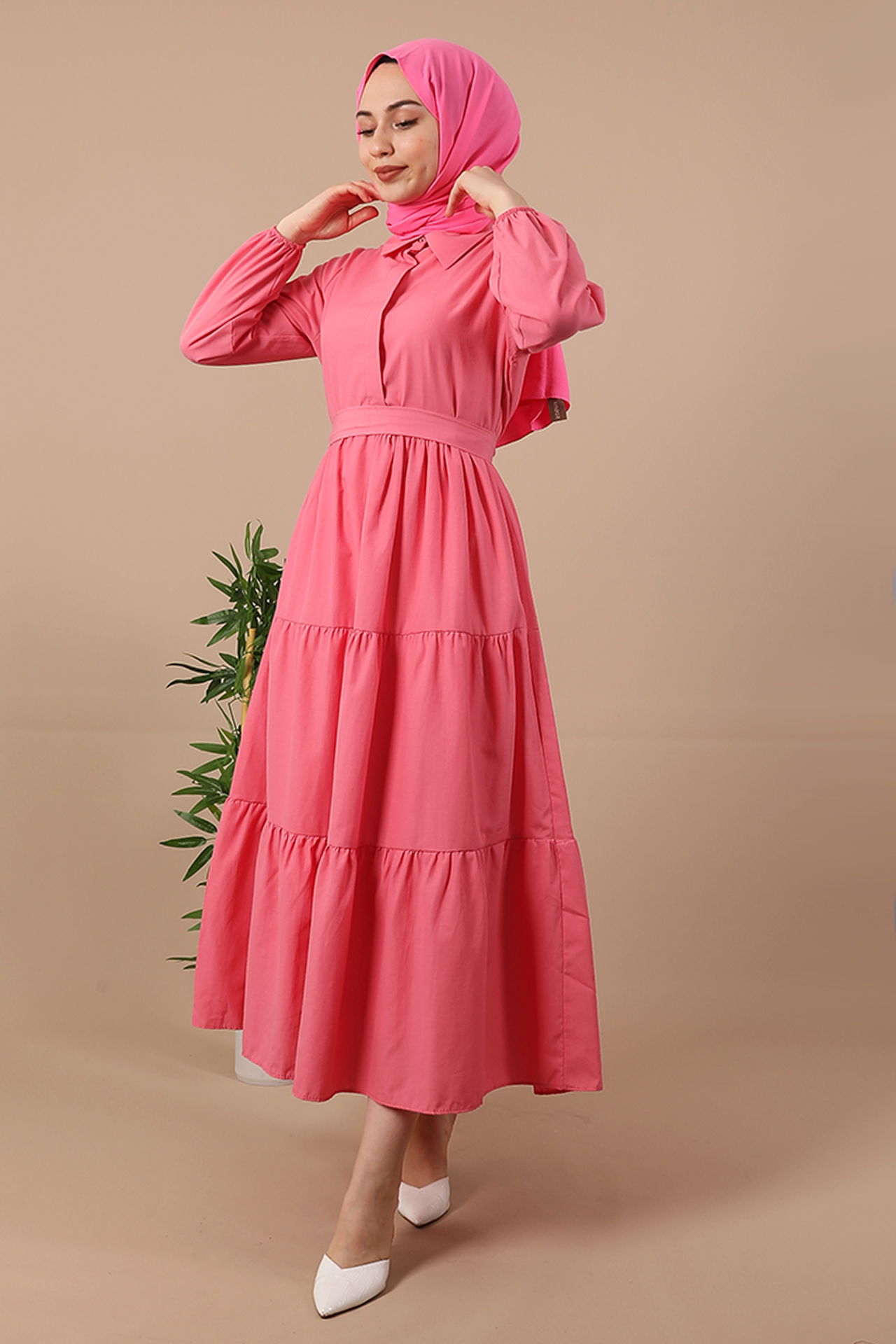 Standart Yaka Düğmeli Elbise Şeker Pembe - 2