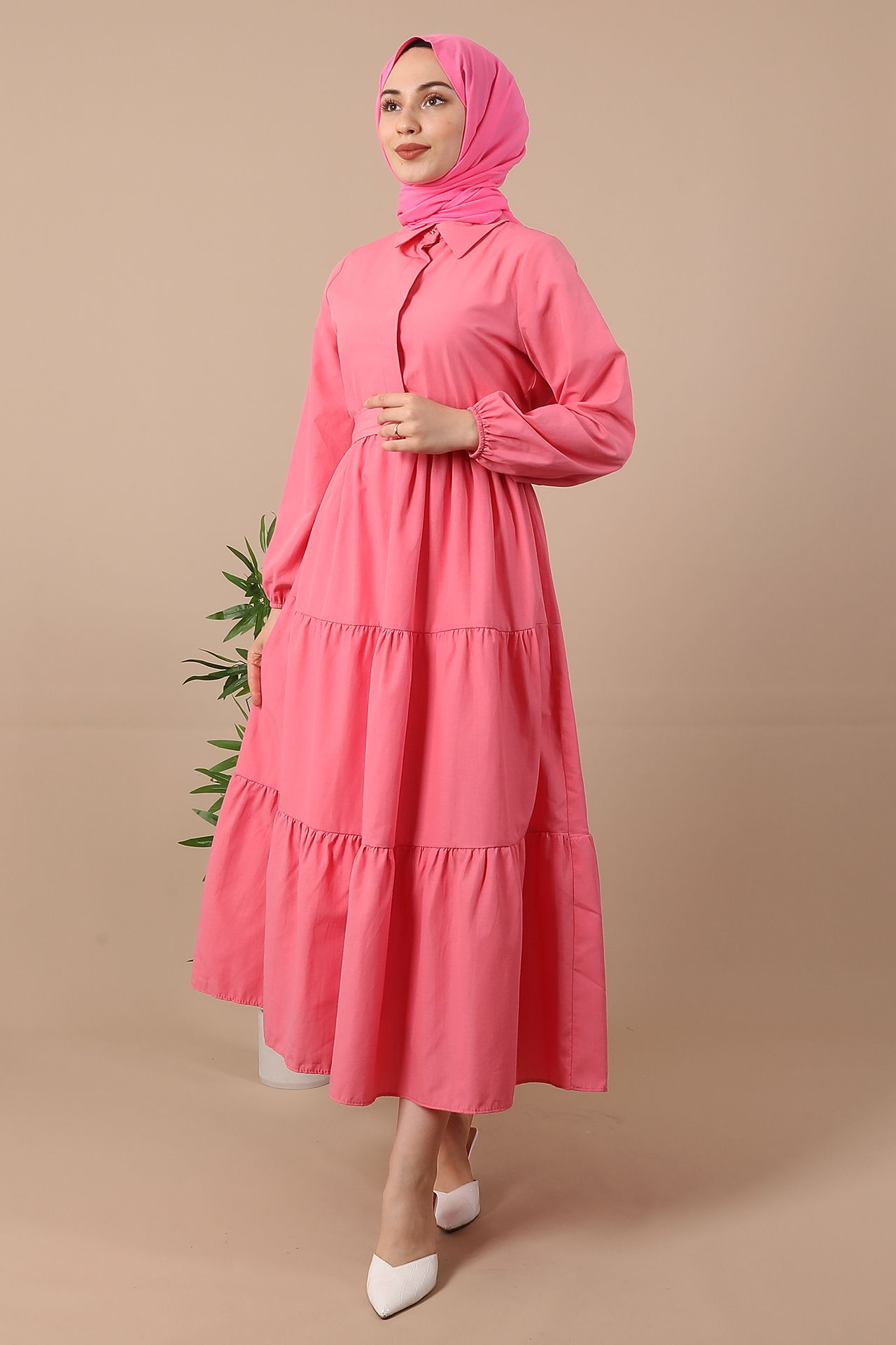 Standart Yaka Düğmeli Elbise Şeker Pembe - 3