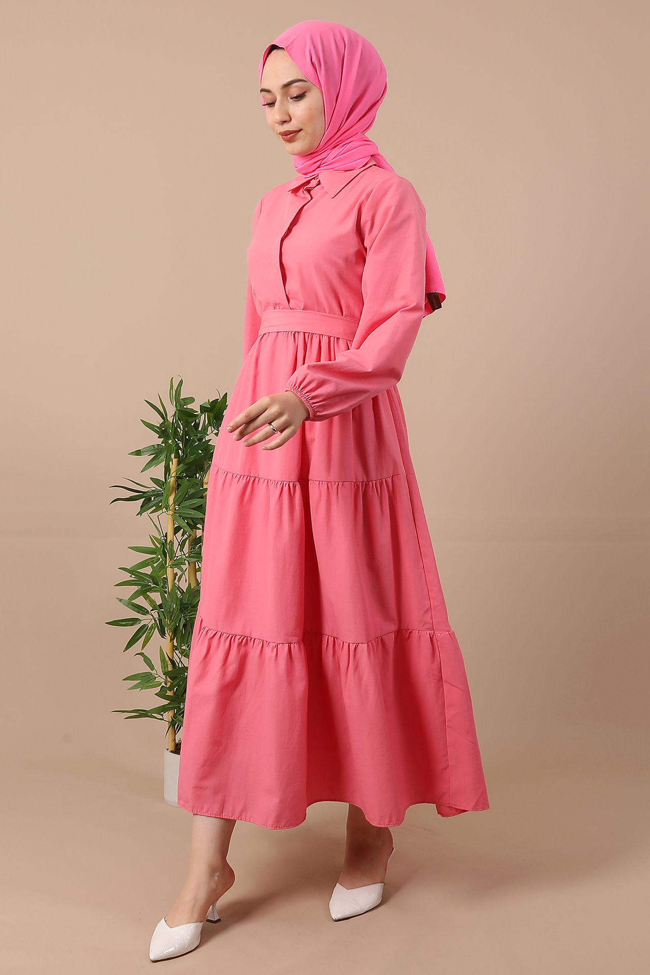 Standart Yaka Düğmeli Elbise Şeker Pembe - 4