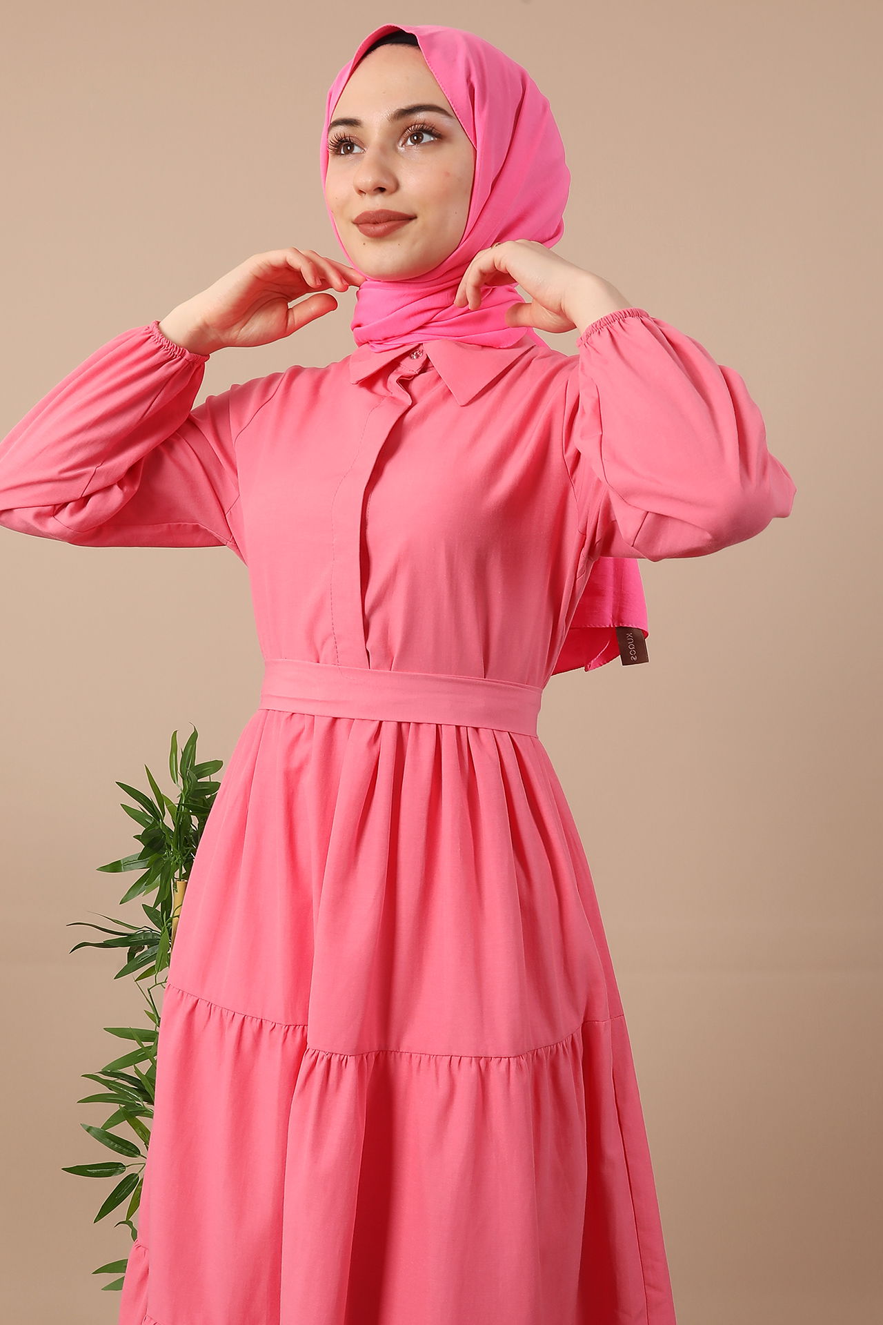 Standart Yaka Düğmeli Elbise Şeker Pembe - 5