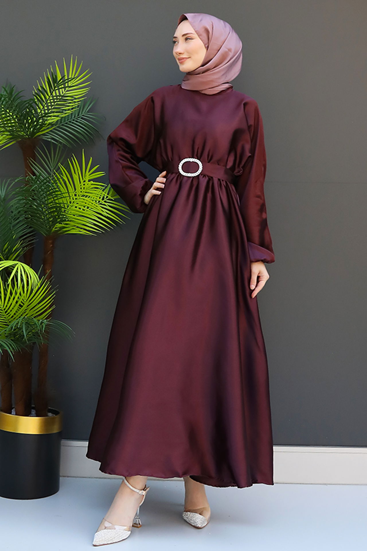Zincir Motif Kuşaklı Elbise Mürdüm 