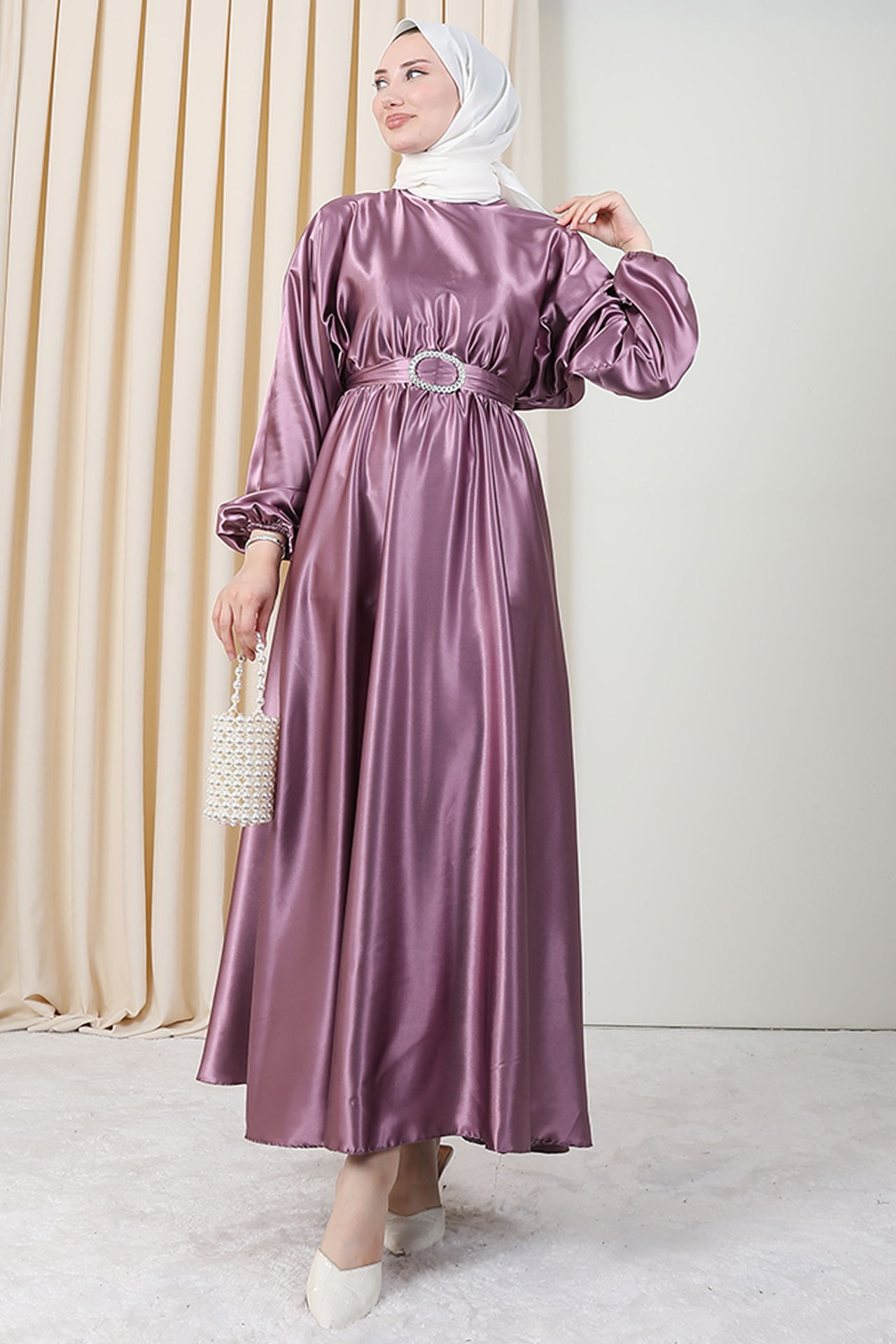Zincir Motif Kuşaklı Elbise Pembe 