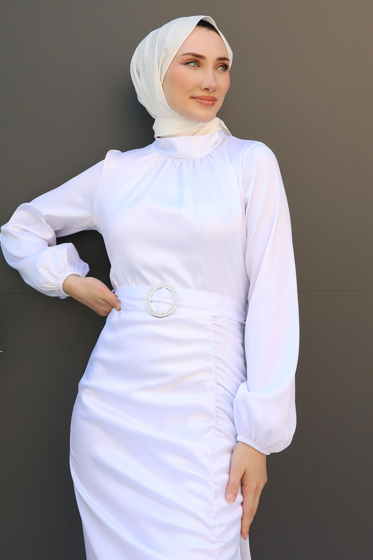Eteği Büzgülü Elbise Beyaz - 4