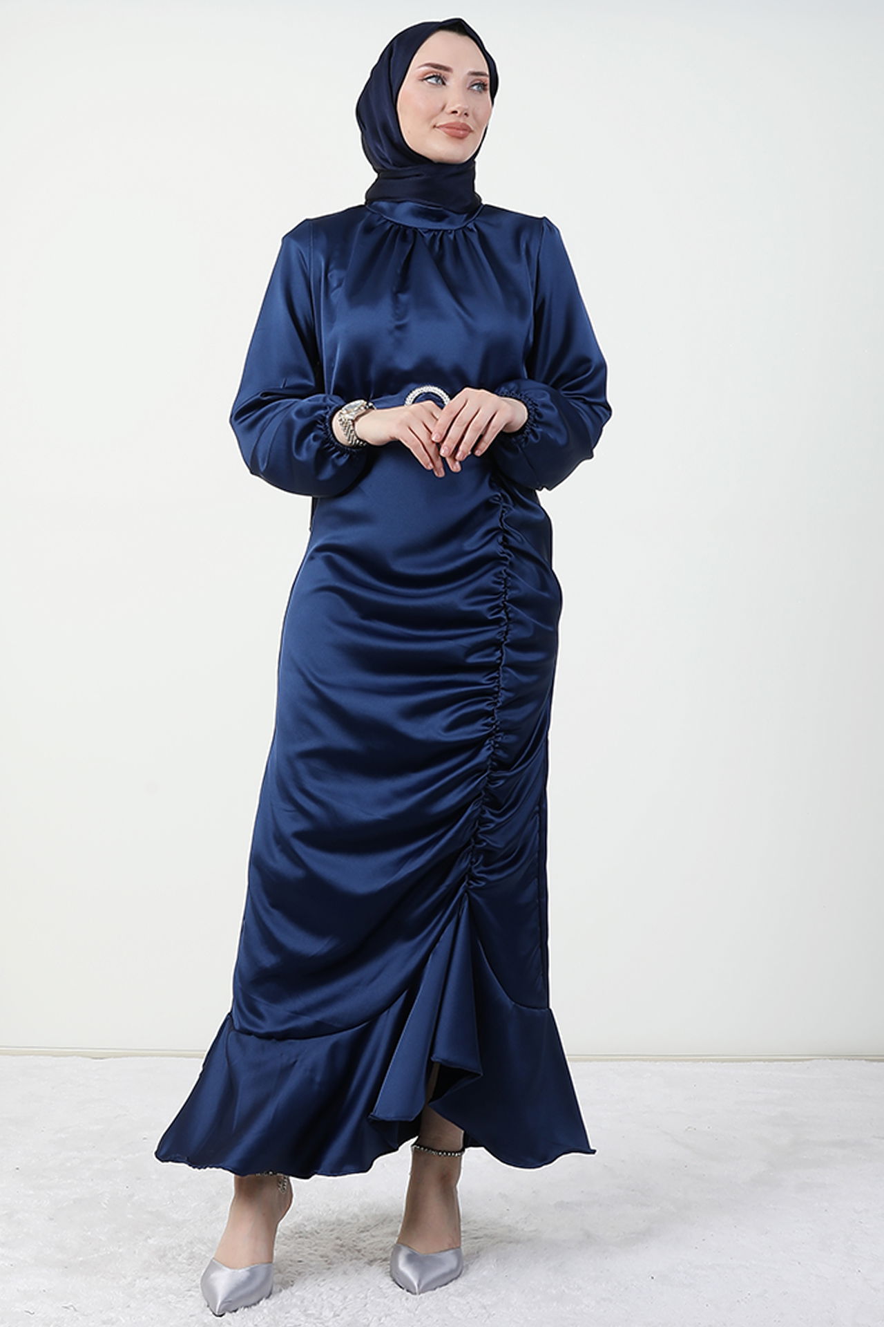 Eteği Büzgülü Elbise Lacivert - 3
