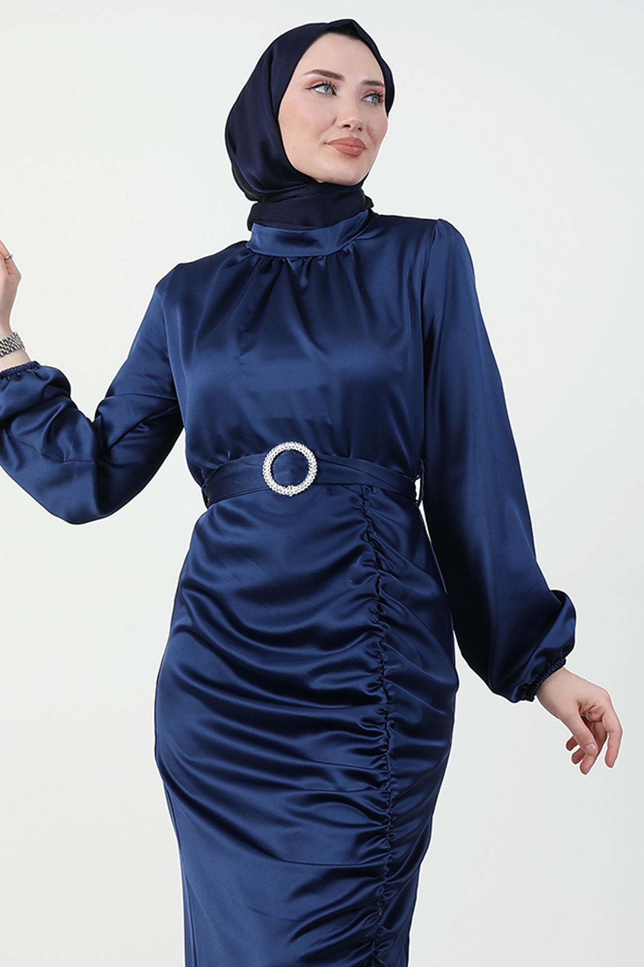 Eteği Büzgülü Elbise Lacivert - 5