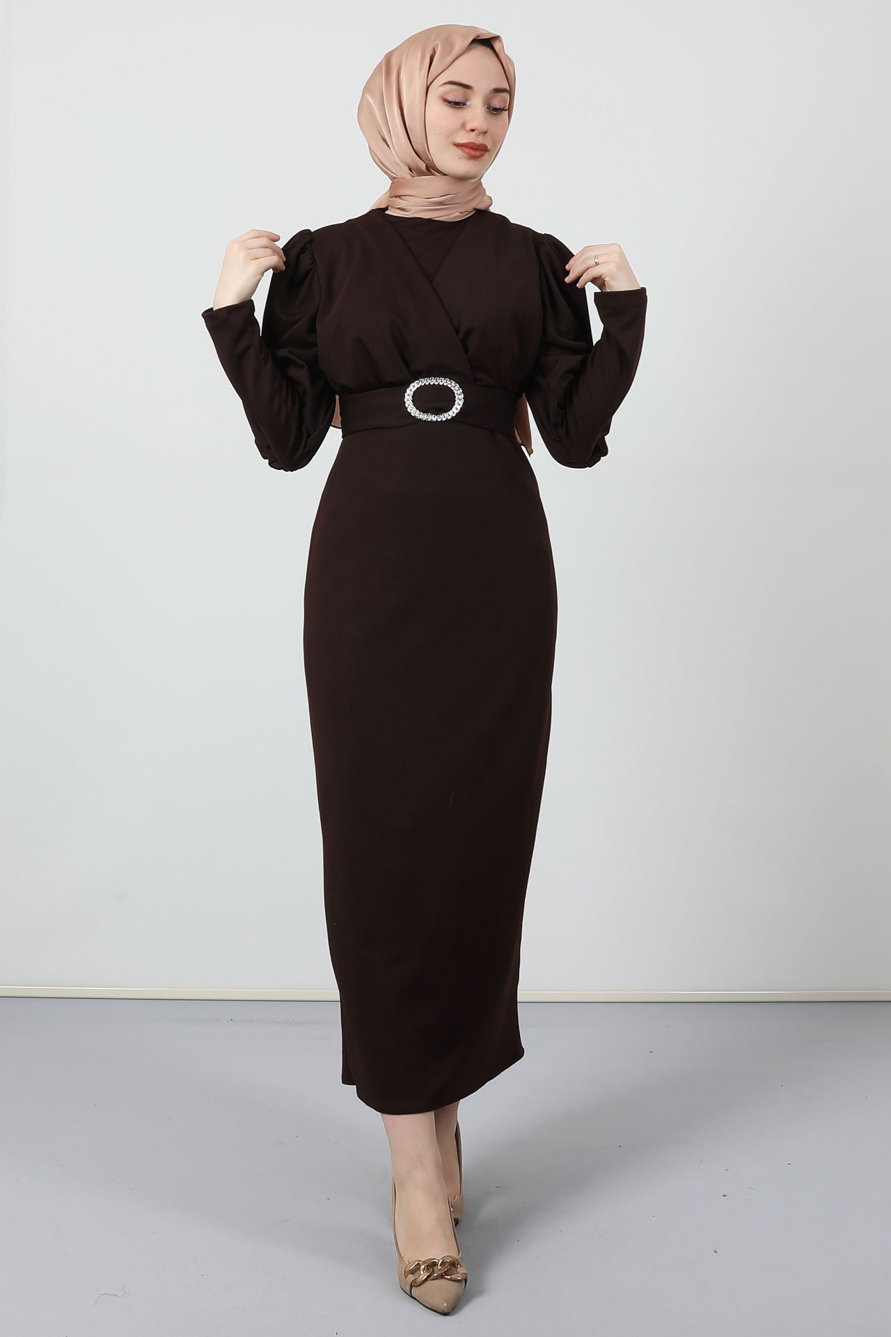Yakası Çapraz Elbise Acı Kahve - 2