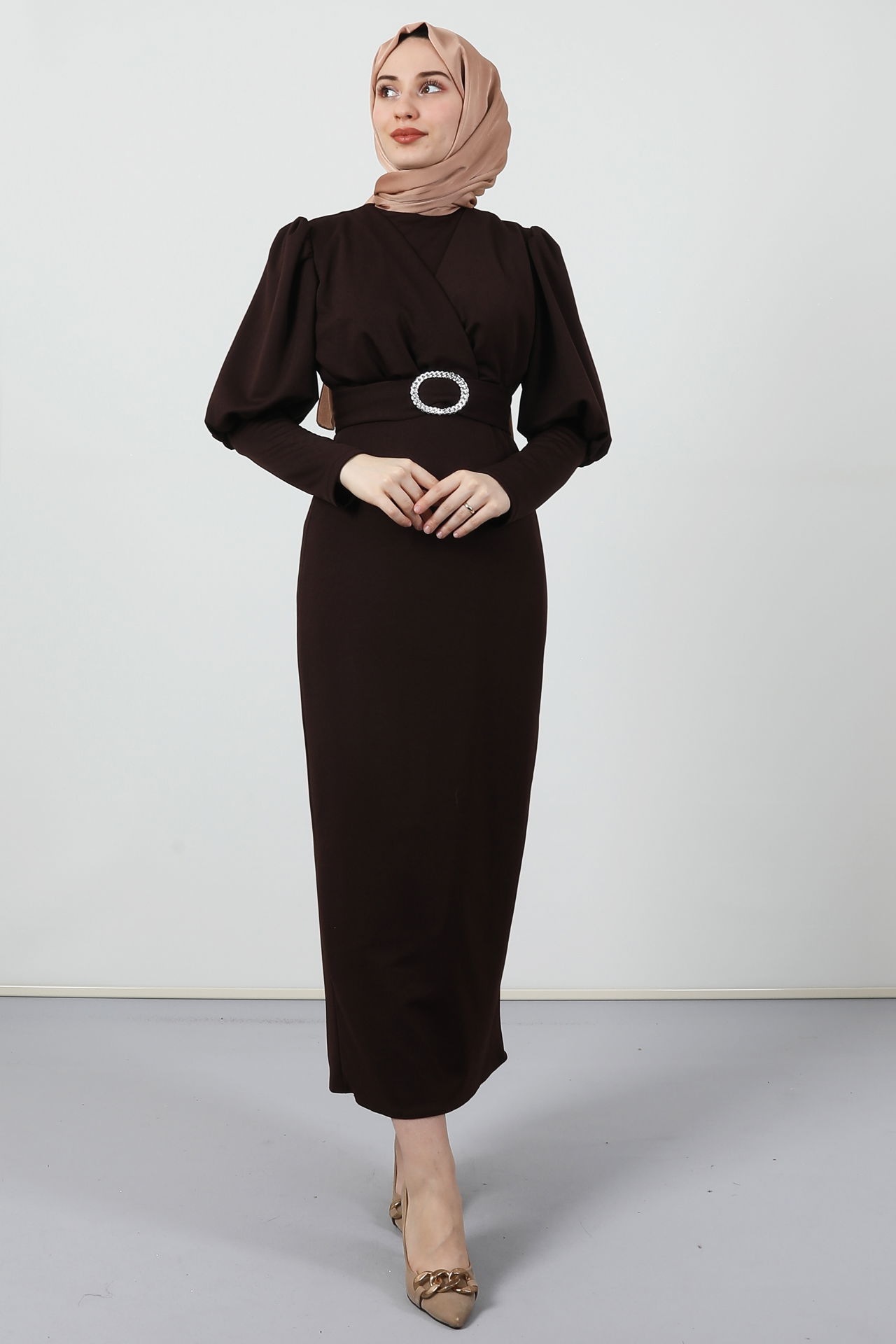 Yakası Çapraz Elbise Acı Kahve - 3
