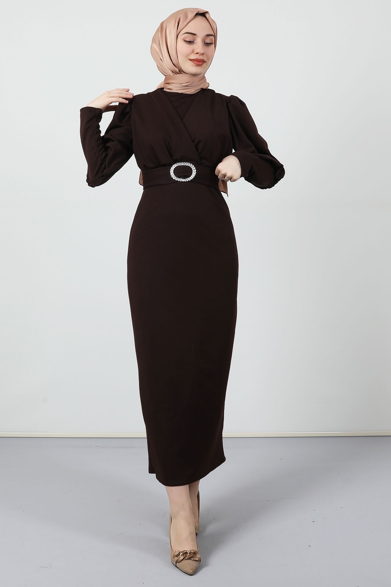 Yakası Çapraz Elbise Acı Kahve - 4