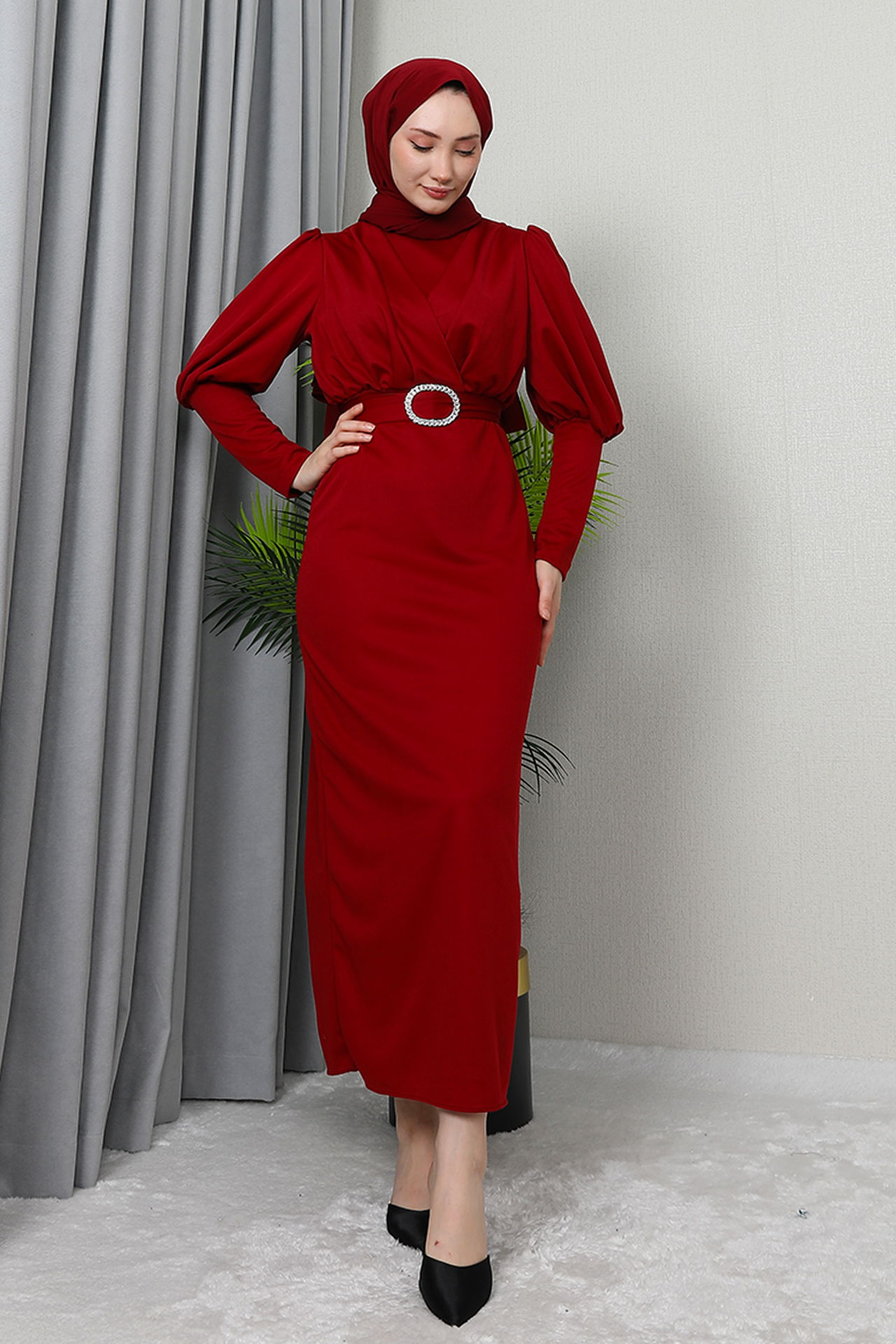 Yakası Çapraz Elbise Bordo - 2