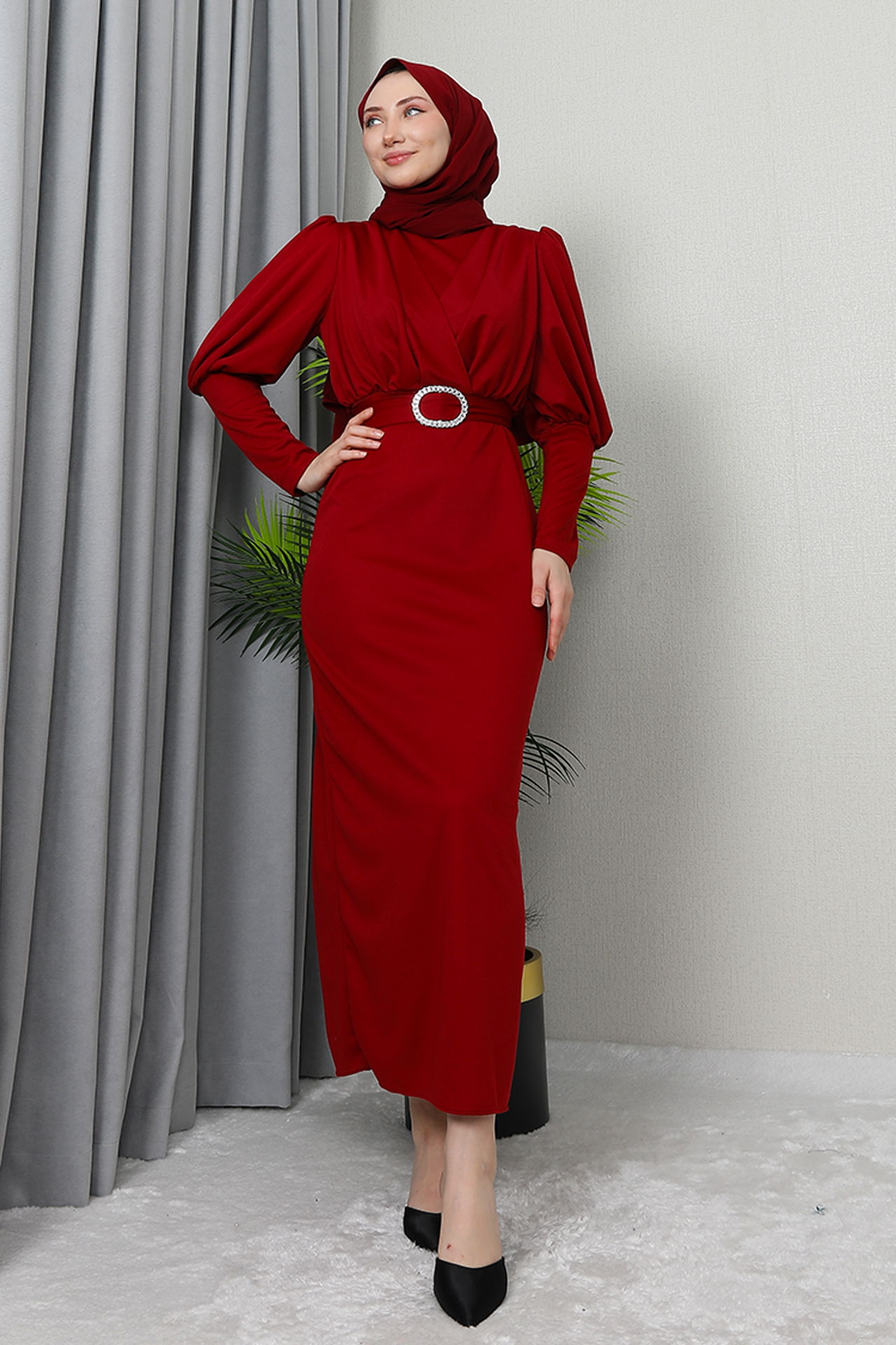 Yakası Çapraz Elbise Bordo - 3