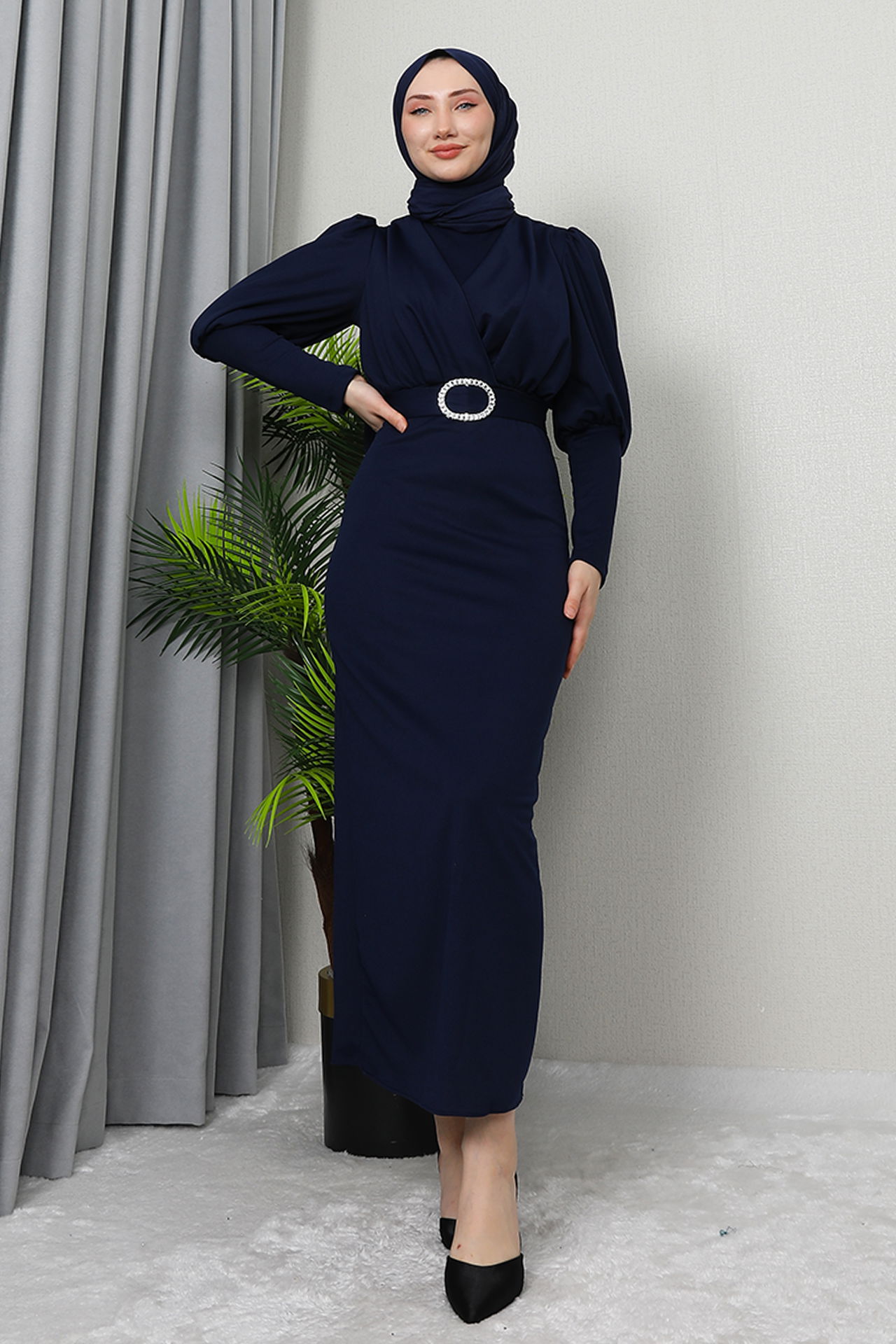 Yakası Çapraz Elbise Lacivert - 2