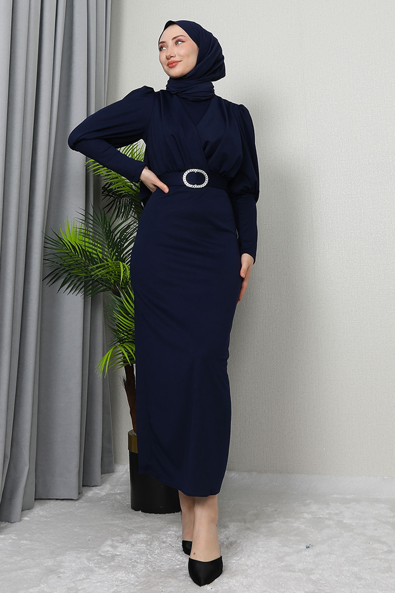 Yakası Çapraz Elbise Lacivert - 5