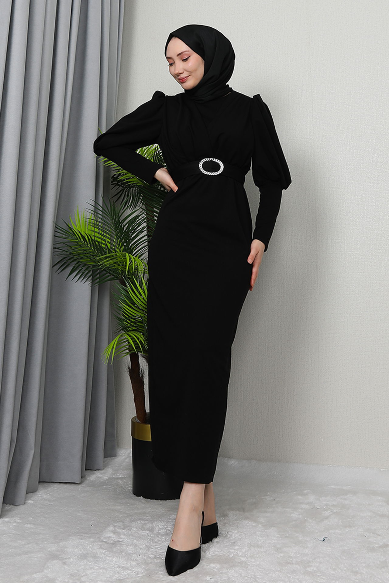 Yakası Çapraz Elbise Siyah - 3