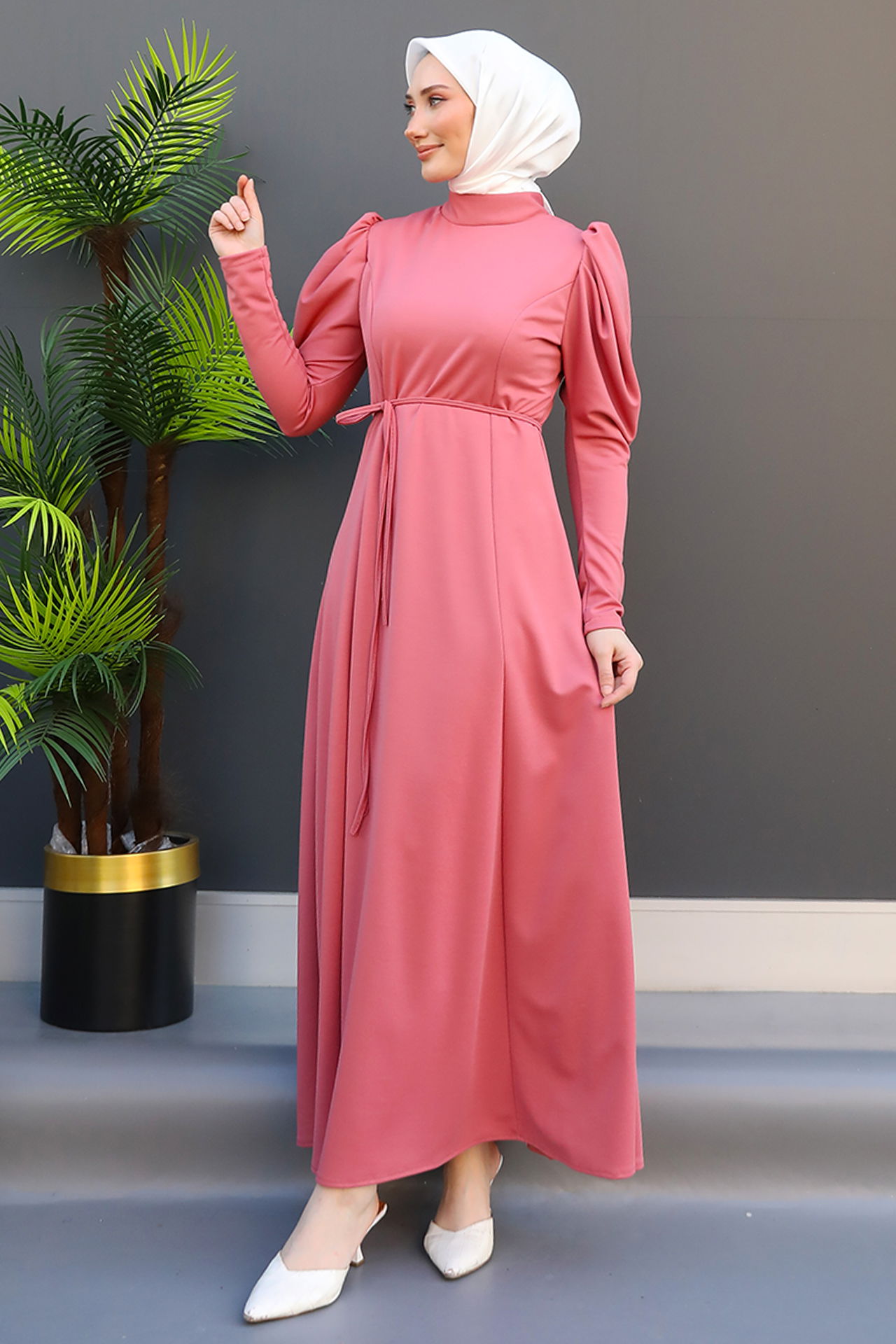 Balon Kol Kalem Elbise Pembe - 1