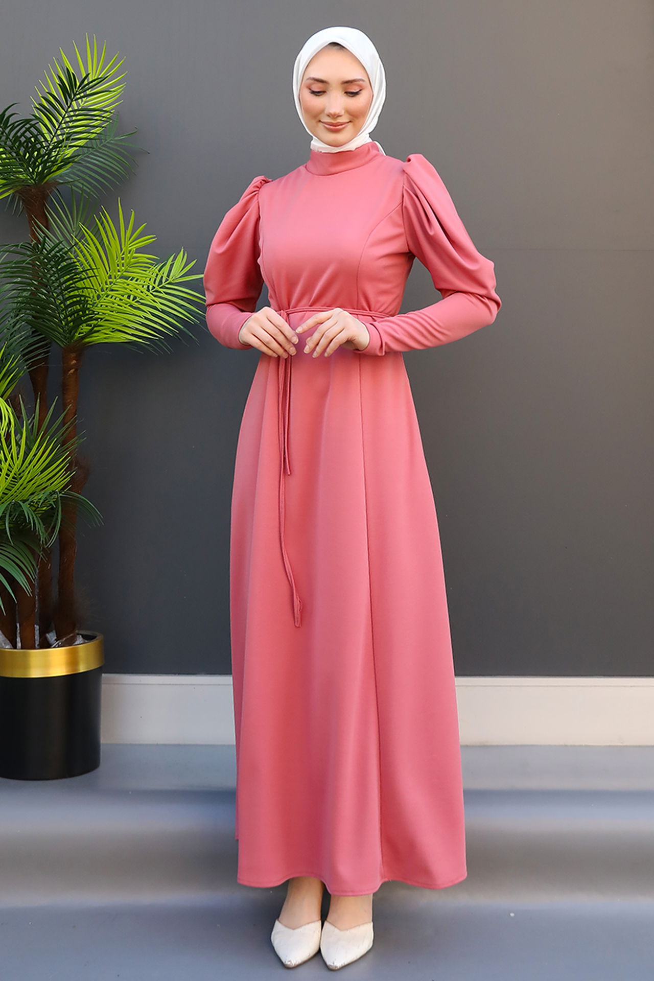 Balon Kol Kalem Elbise Pembe - 2