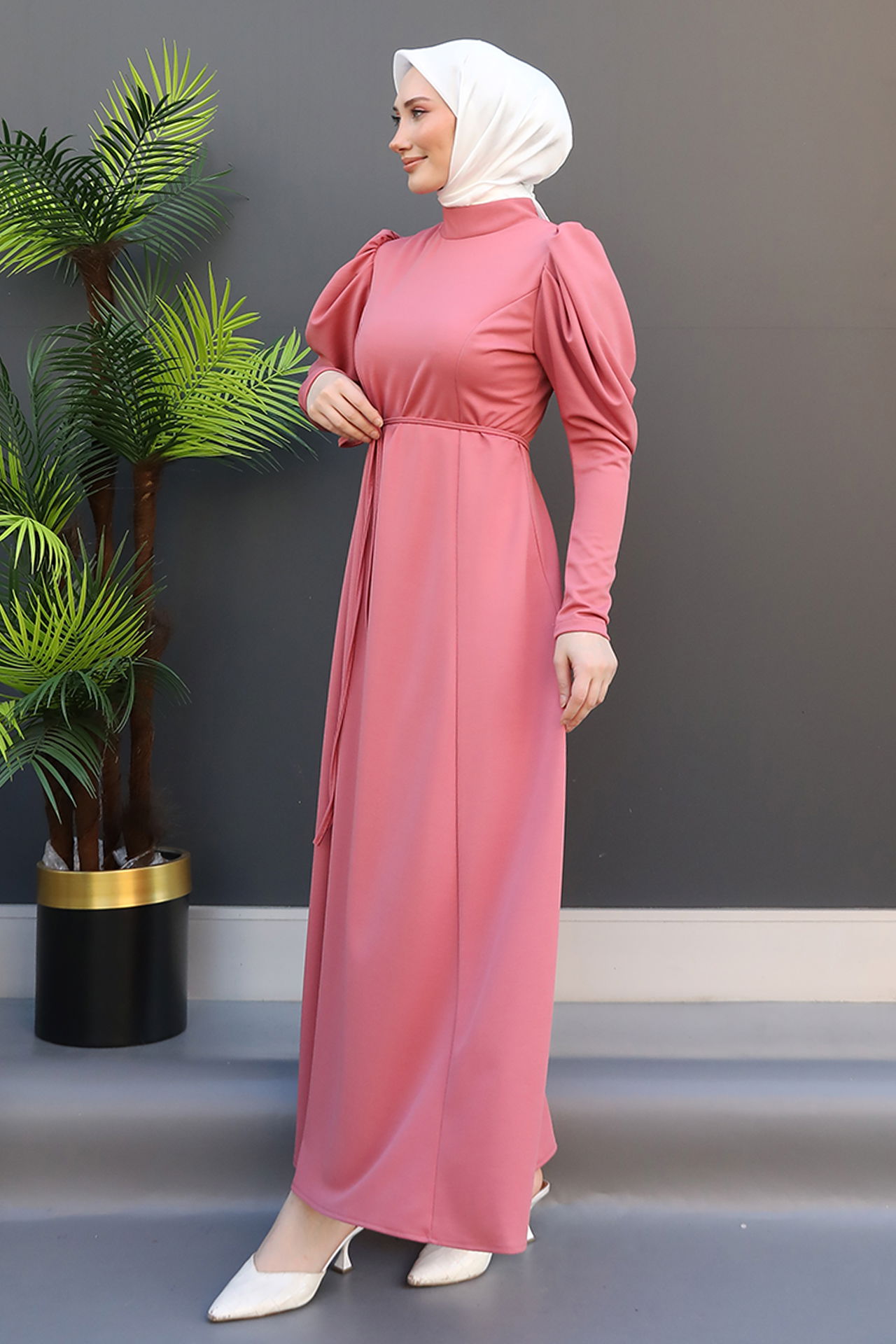 Balon Kol Kalem Elbise Pembe - 3