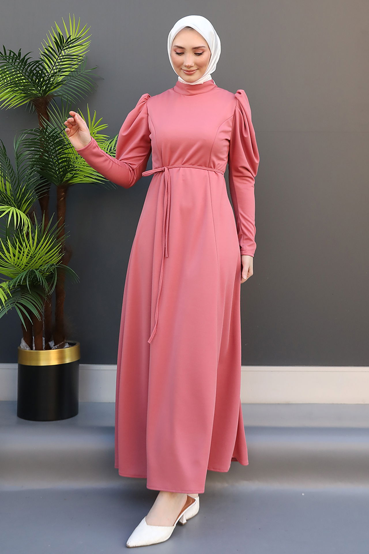 Balon Kol Kalem Elbise Pembe - 4