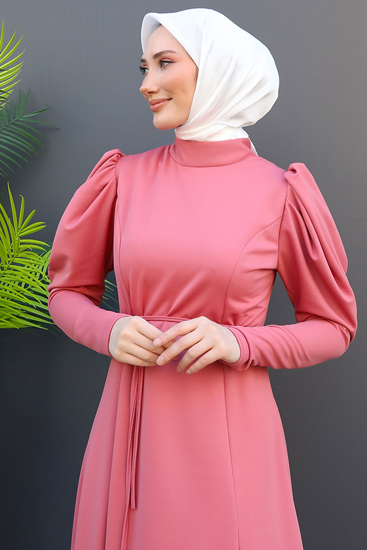 Balon Kol Kalem Elbise Pembe - 5