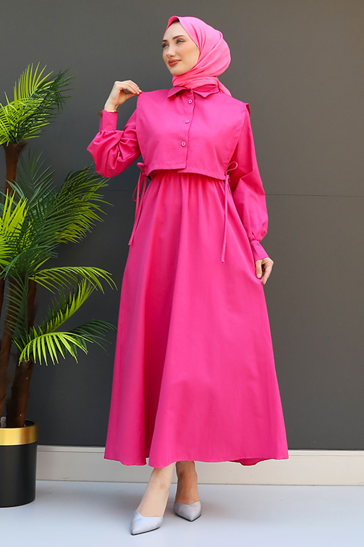 Pelerini İpli Elbise Koyu Pembe 