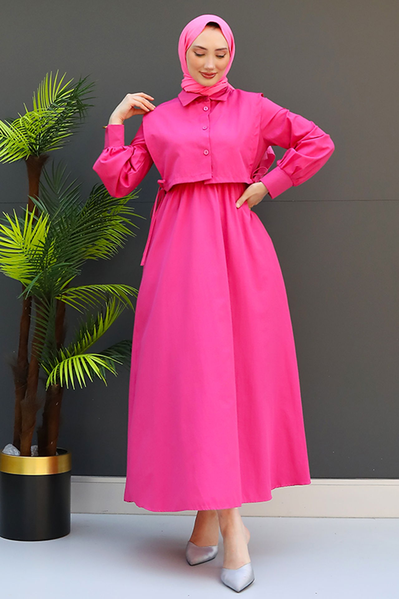 Pelerini İpli Elbise Koyu Pembe - 2