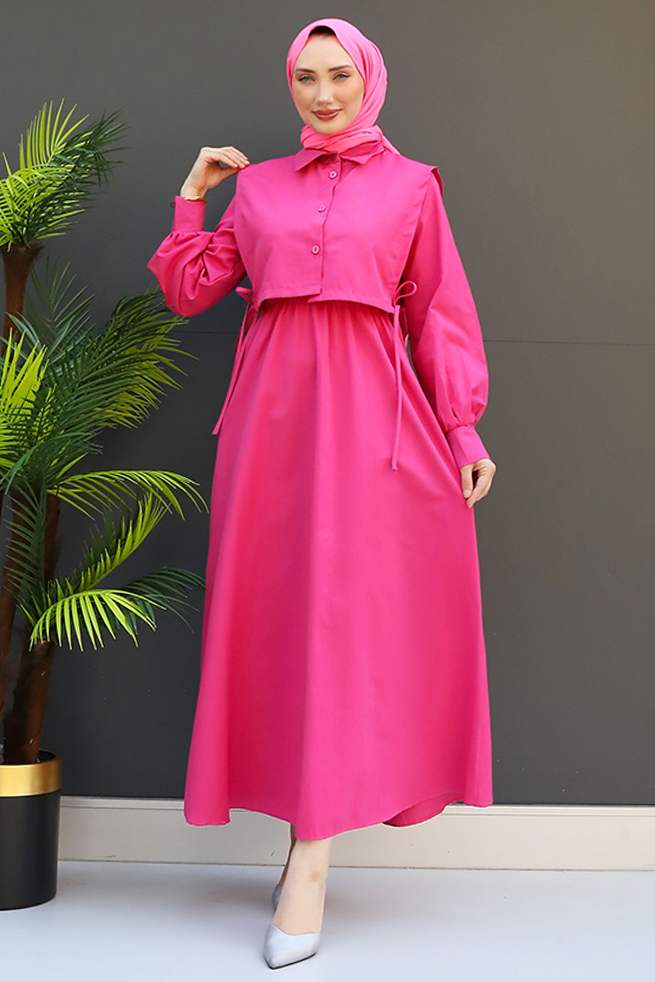 Pelerini İpli Elbise Koyu Pembe - 3