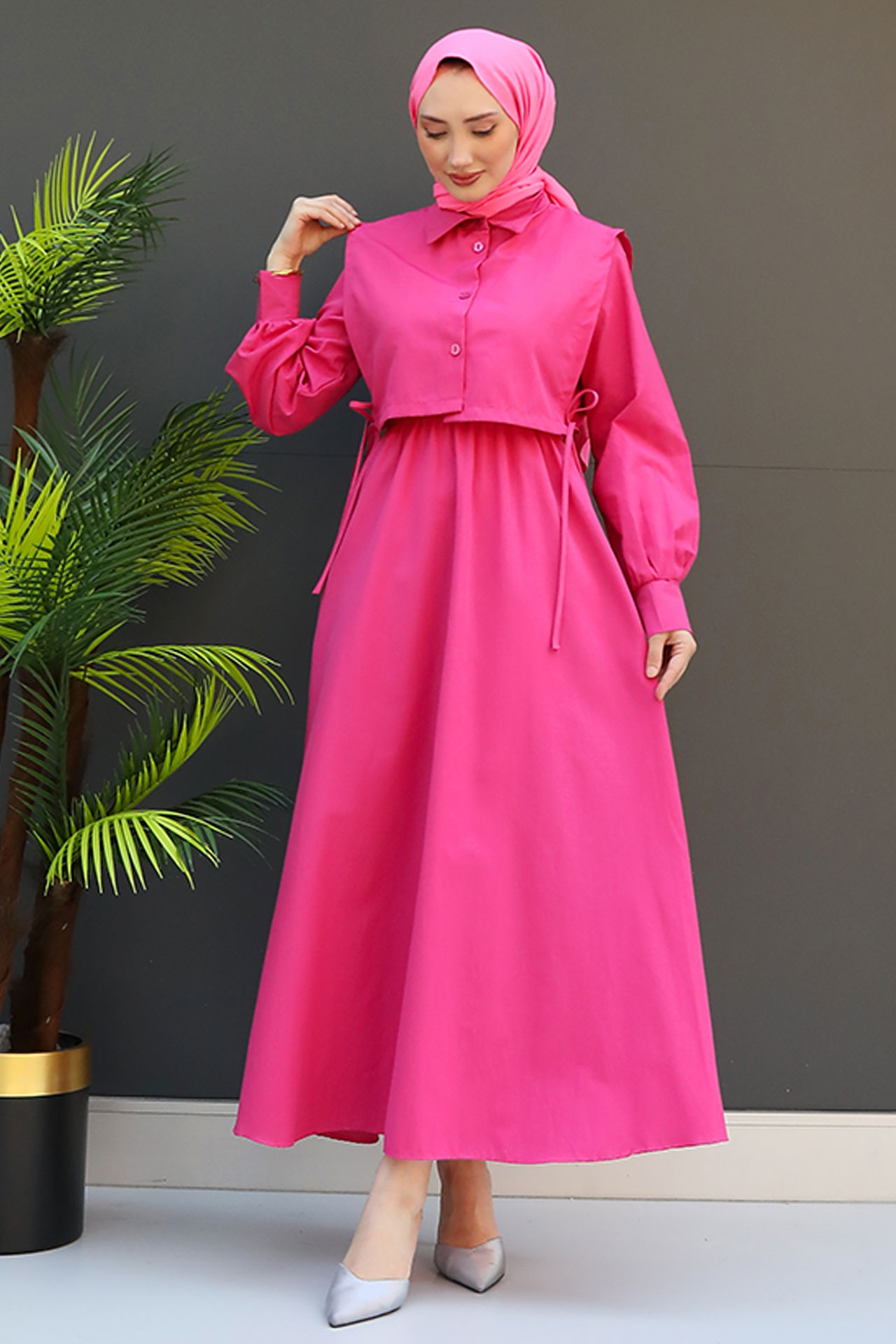 Pelerini İpli Elbise Koyu Pembe - 4