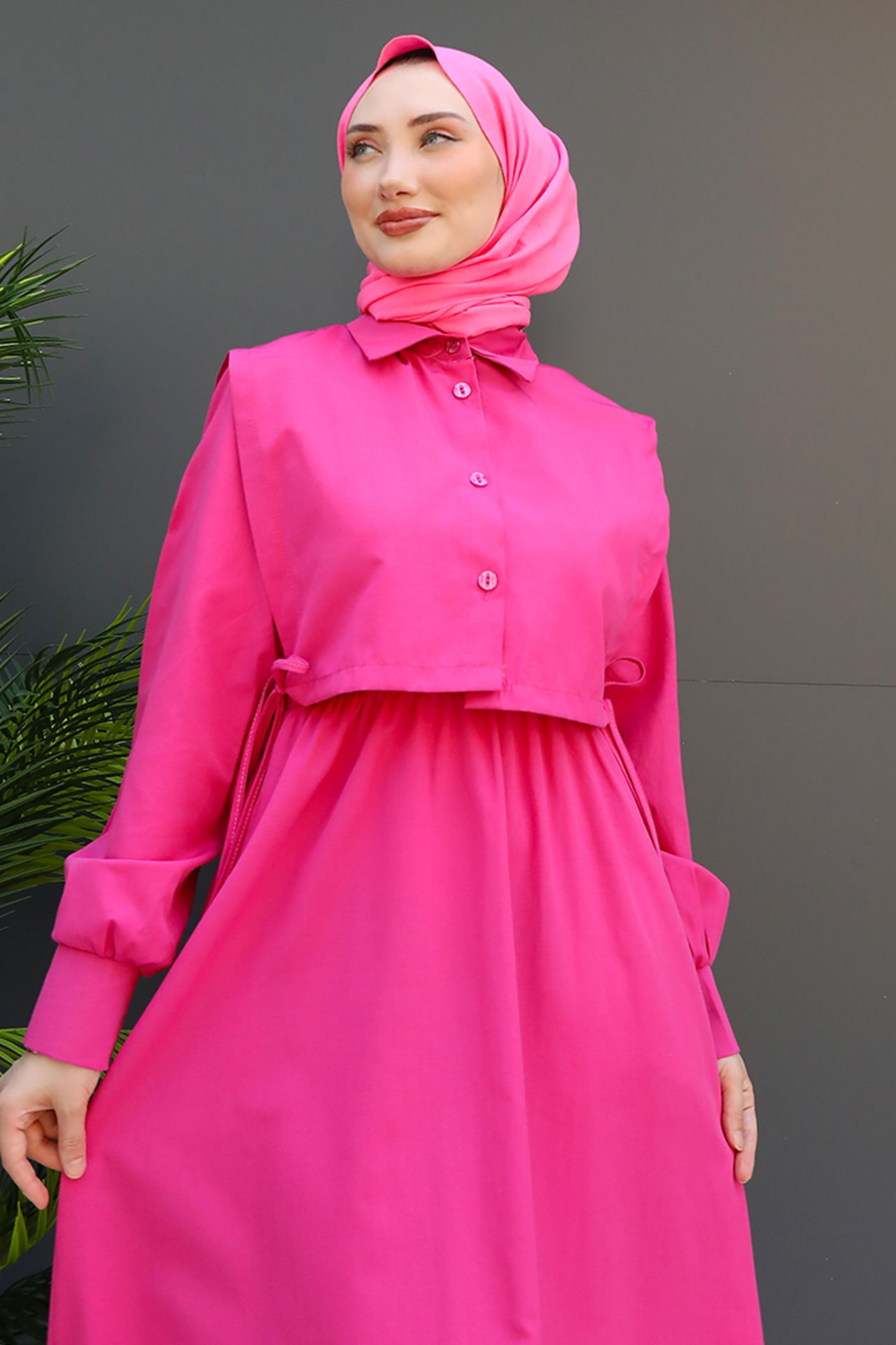 Pelerini İpli Elbise Koyu Pembe - 5