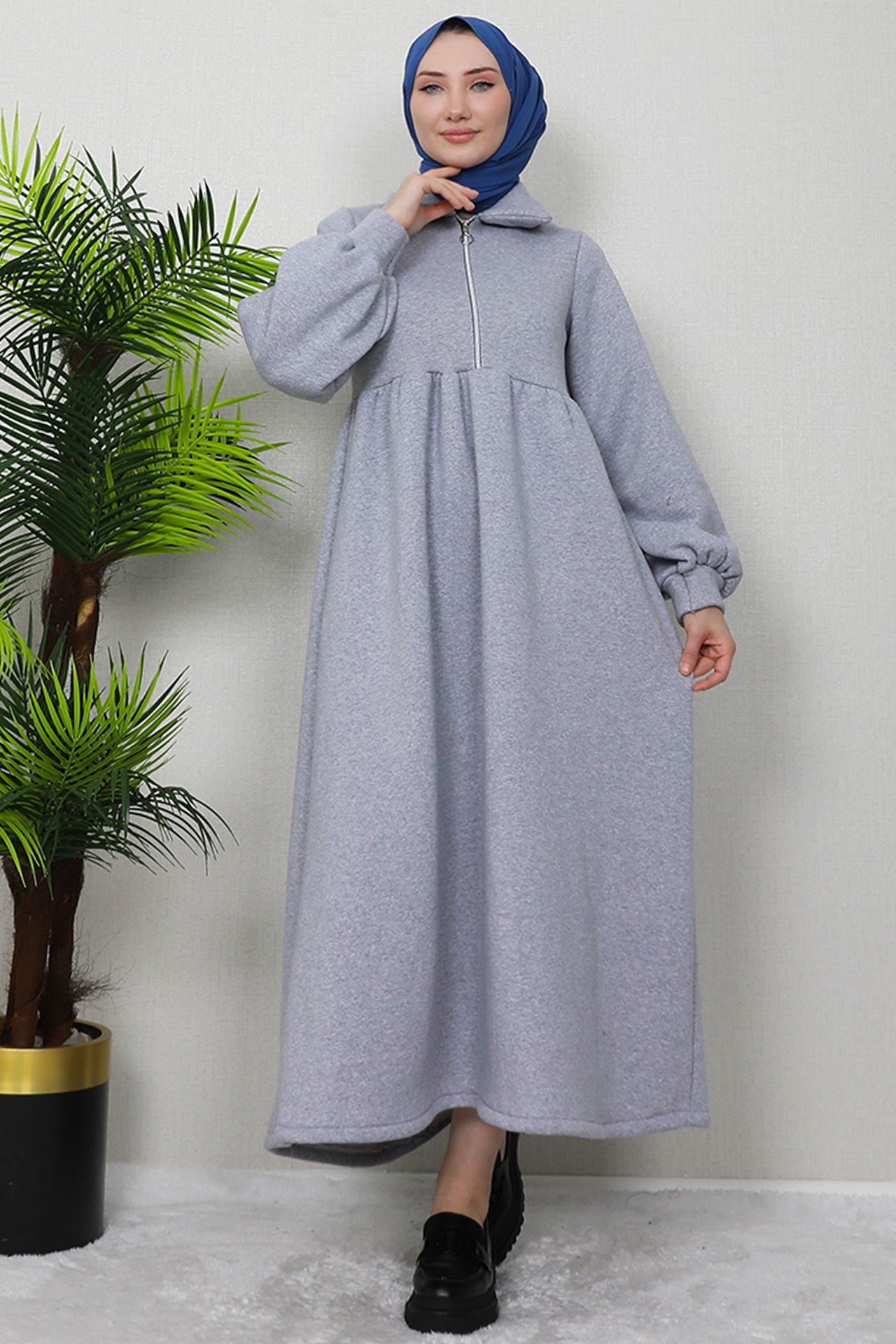 İlayda Fermuarlı Elbise Gri - 3