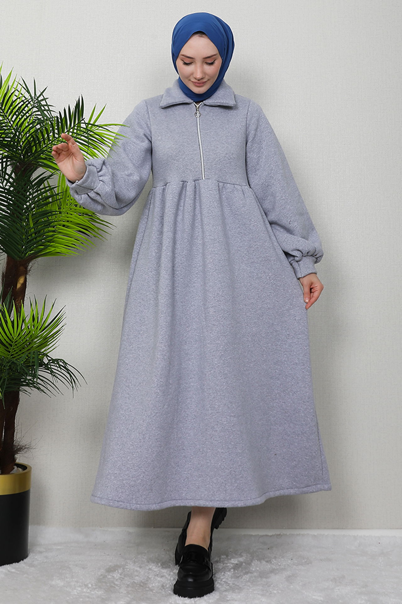 İlayda Fermuarlı Elbise Gri - 4