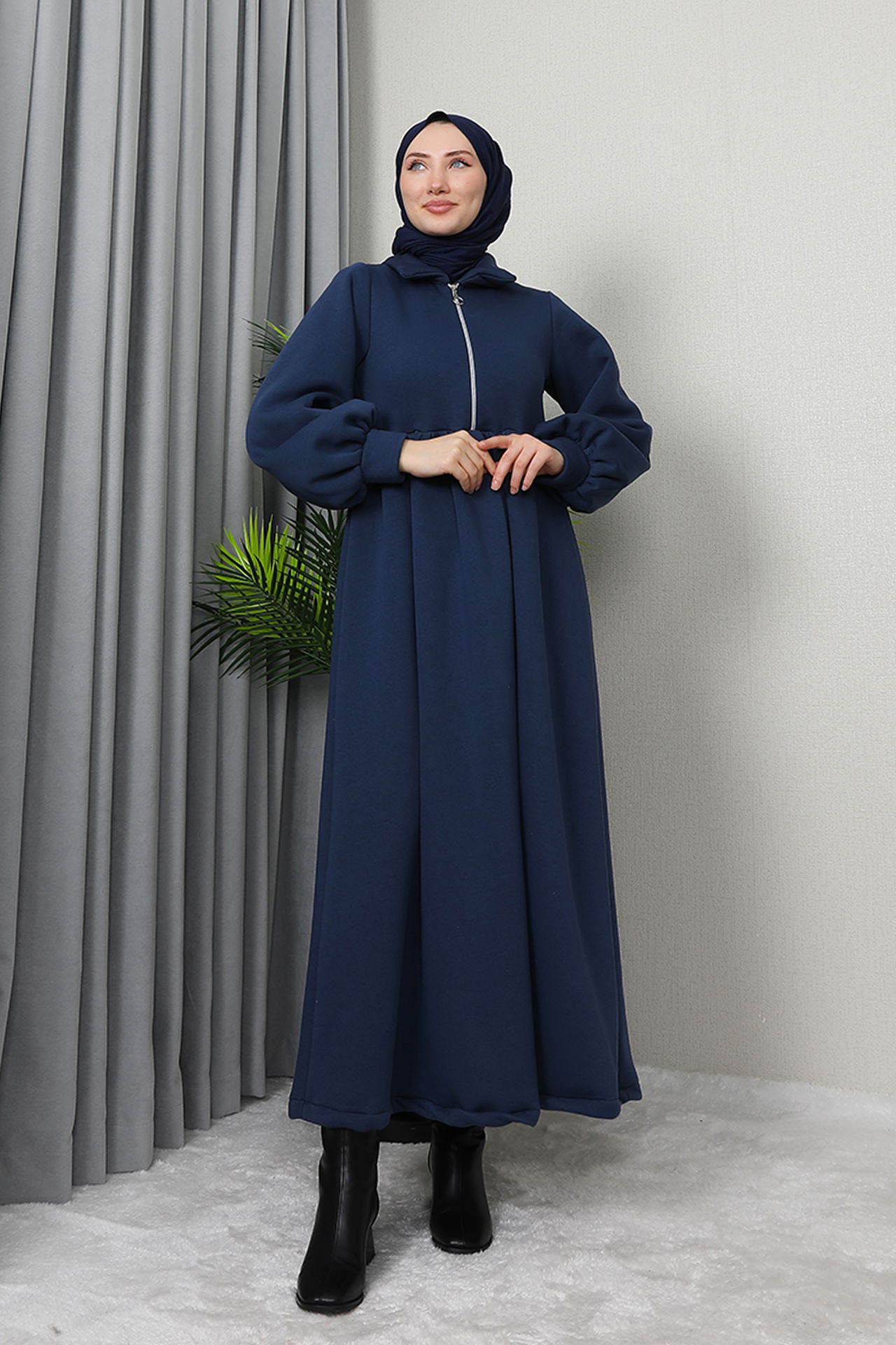 İlayda Fermuarlı Elbise Koyu İndigo 