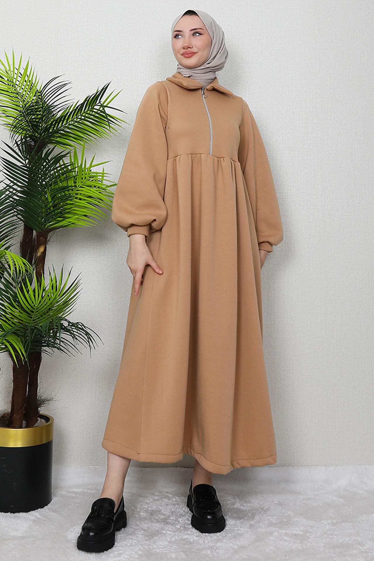 İlayda Fermuarlı Elbise Sütlükahve - GİYZAMİLA