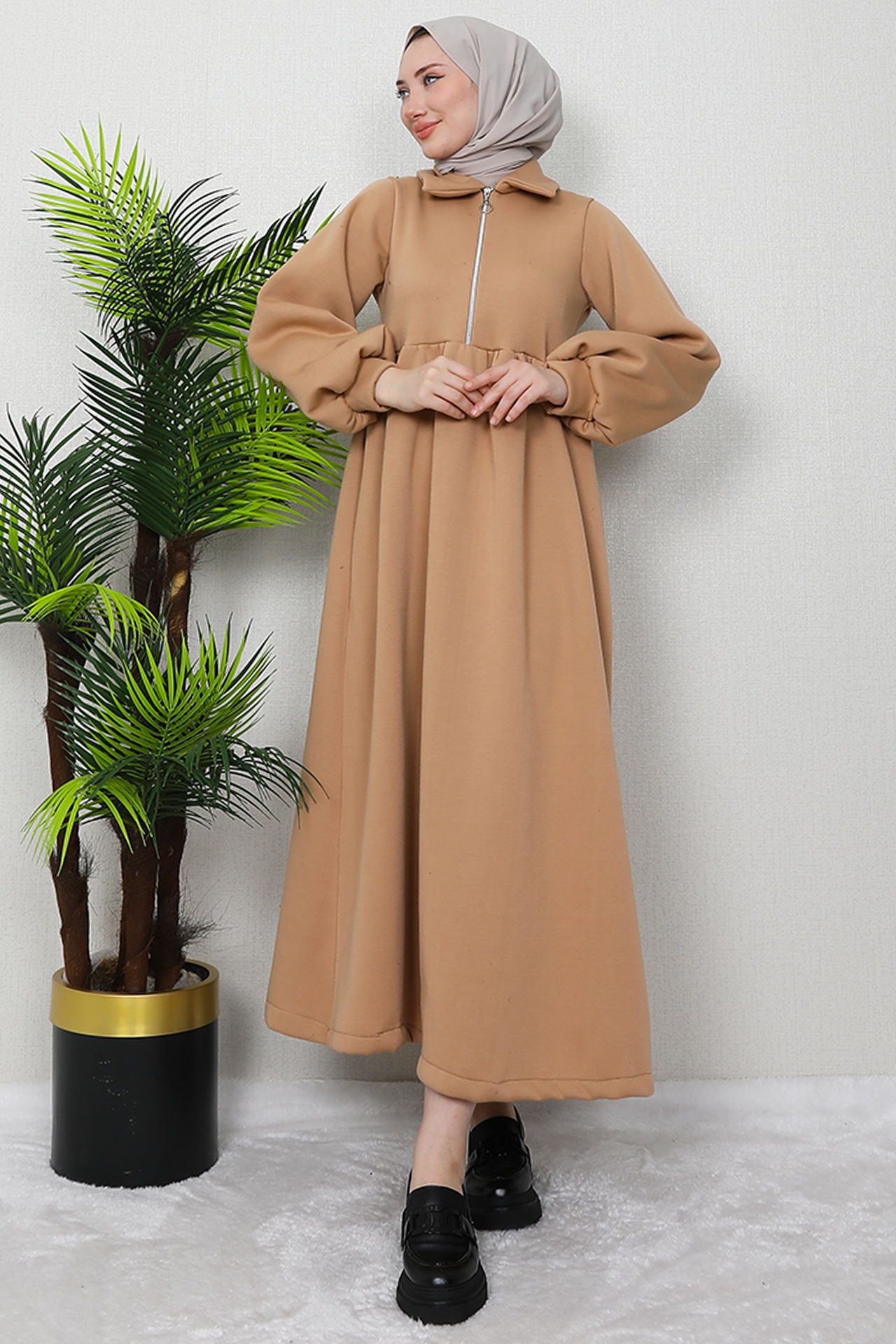 İlayda Fermuarlı Elbise Sütlükahve - 3