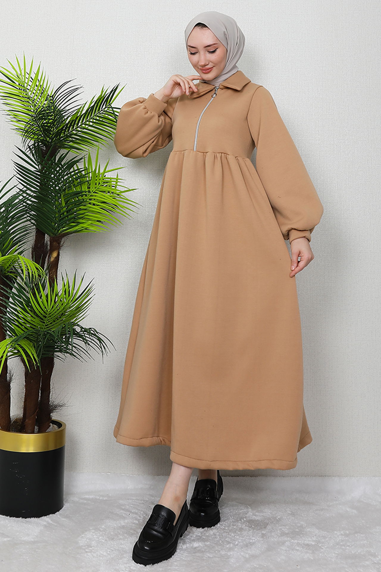 İlayda Fermuarlı Elbise Sütlükahve - 4