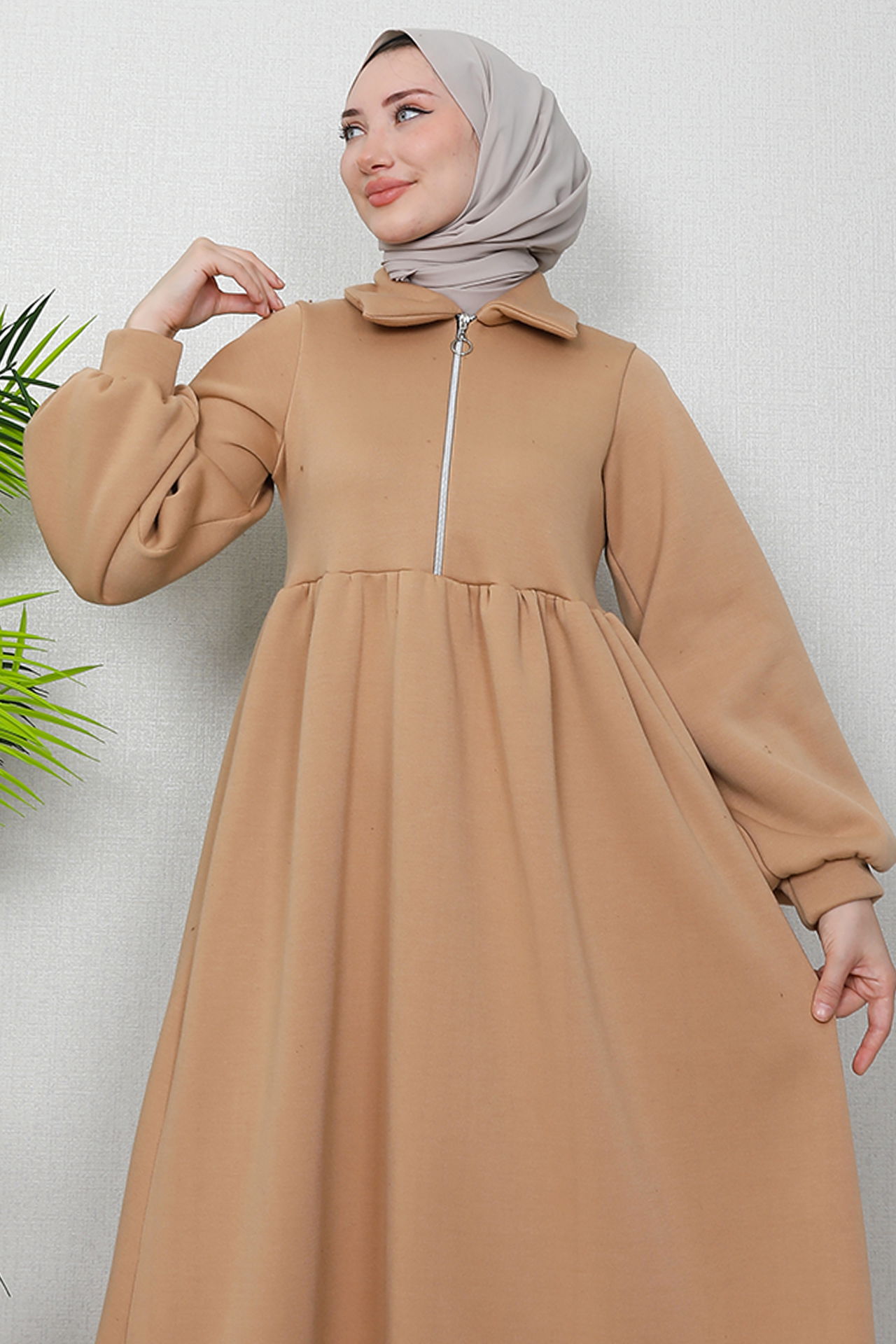 İlayda Fermuarlı Elbise Sütlükahve - 5