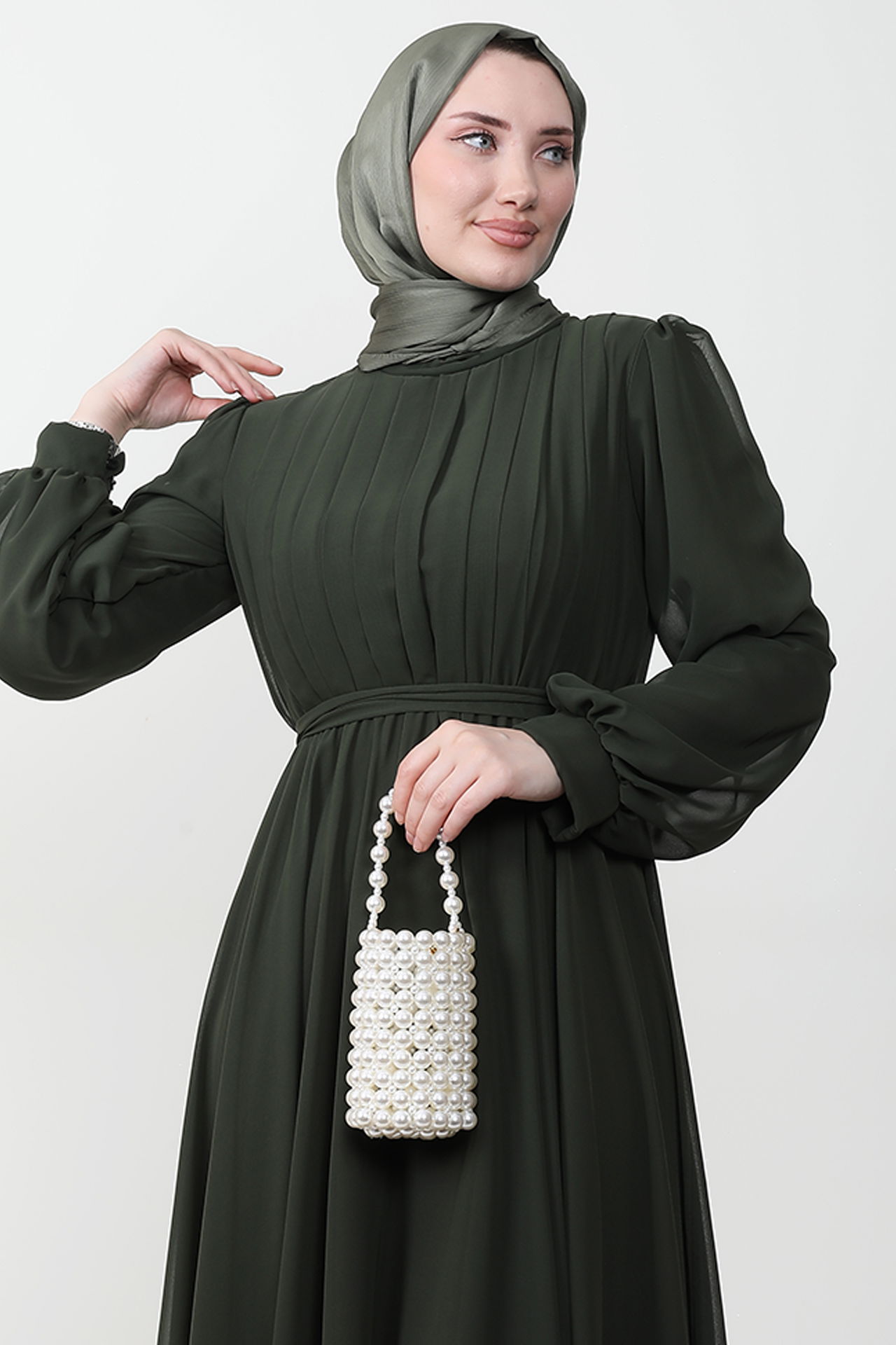 Beli Lastikli Pileli Şifon Elbise Haki - 5