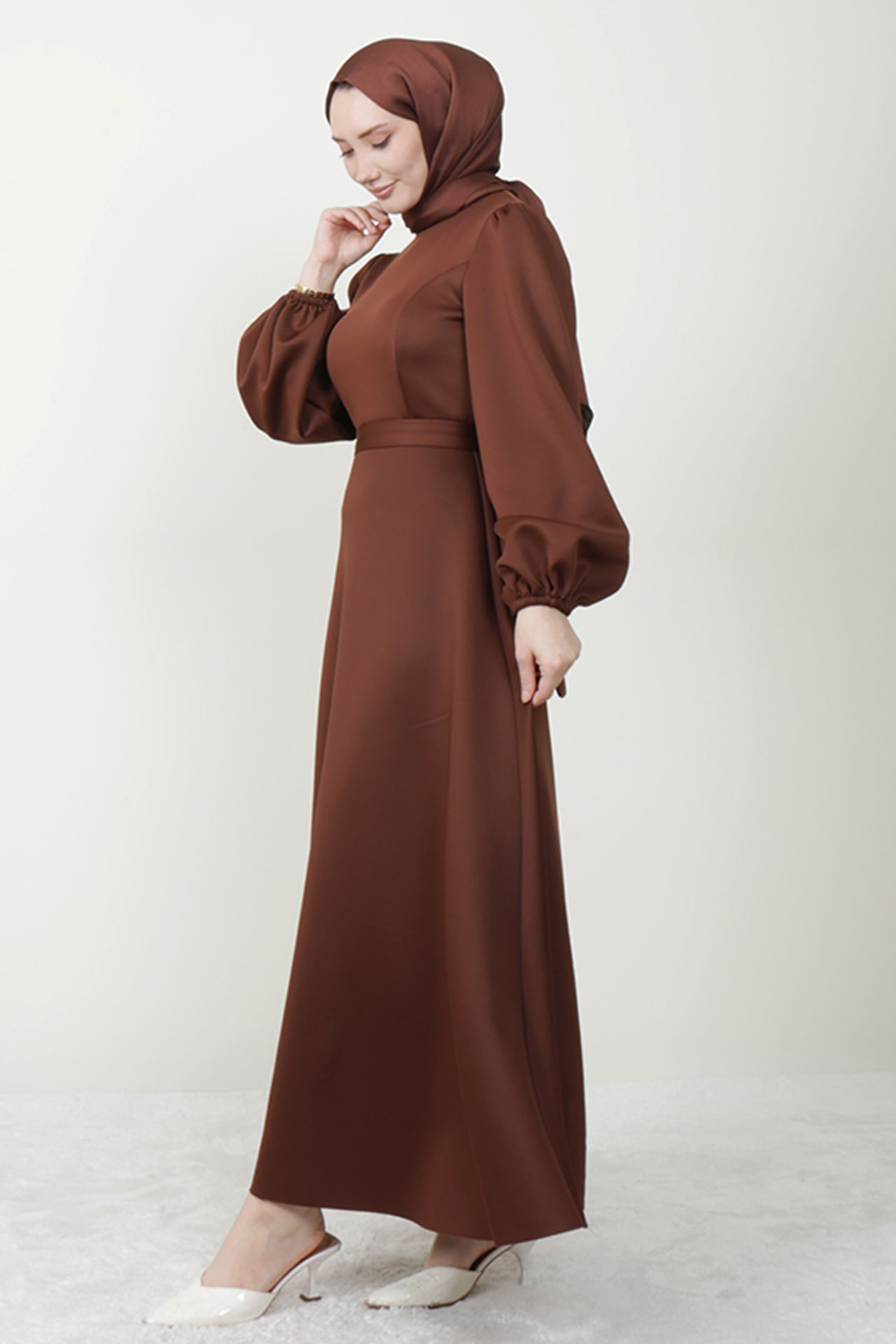 Ronay Tesettür Elbise Kahve - 4