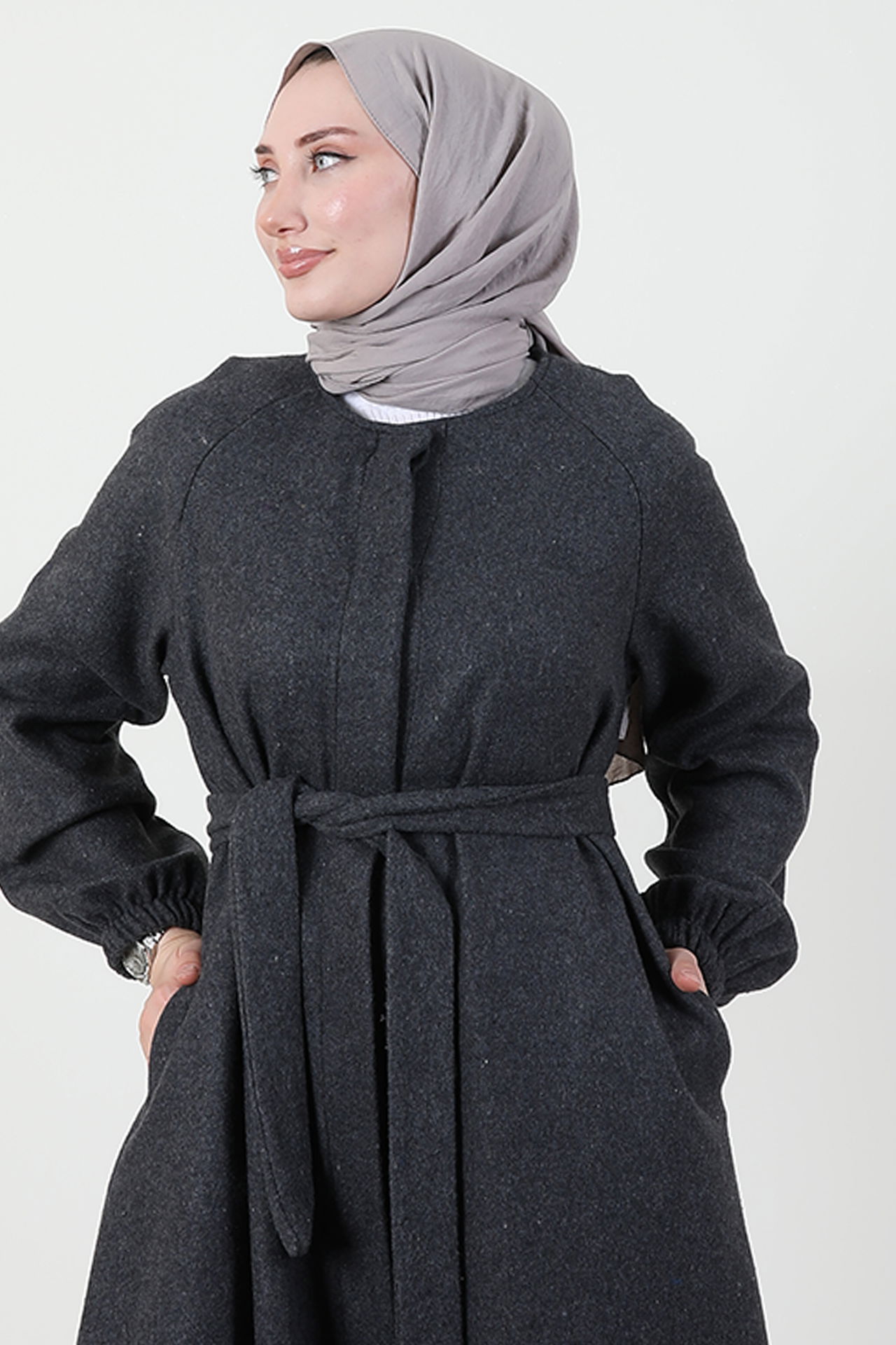 Düğmeli Kuşaklı Kaşe Kaban Koyu Gri - 5