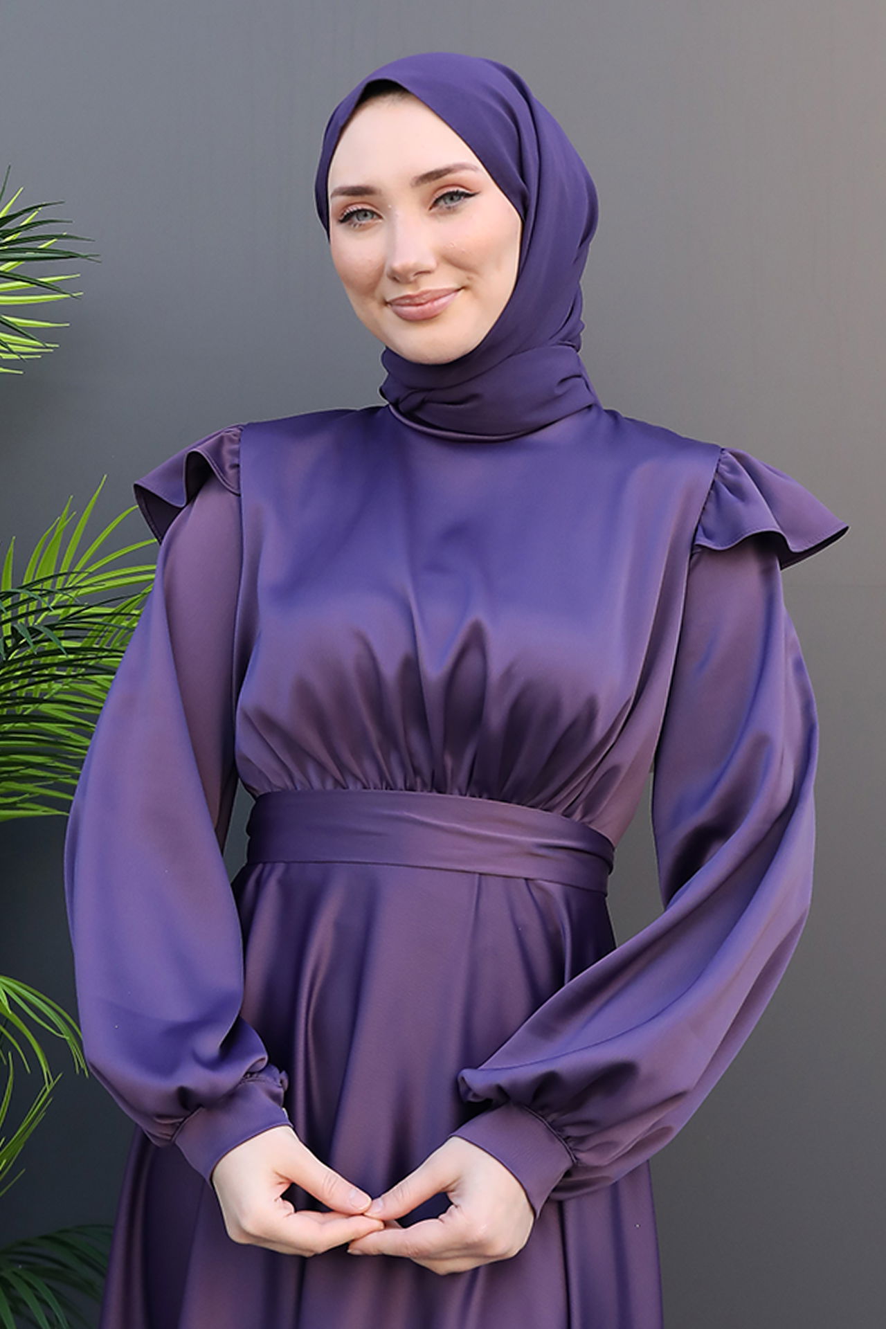 Omuz Detay Elbise Koyu Lila - 5
