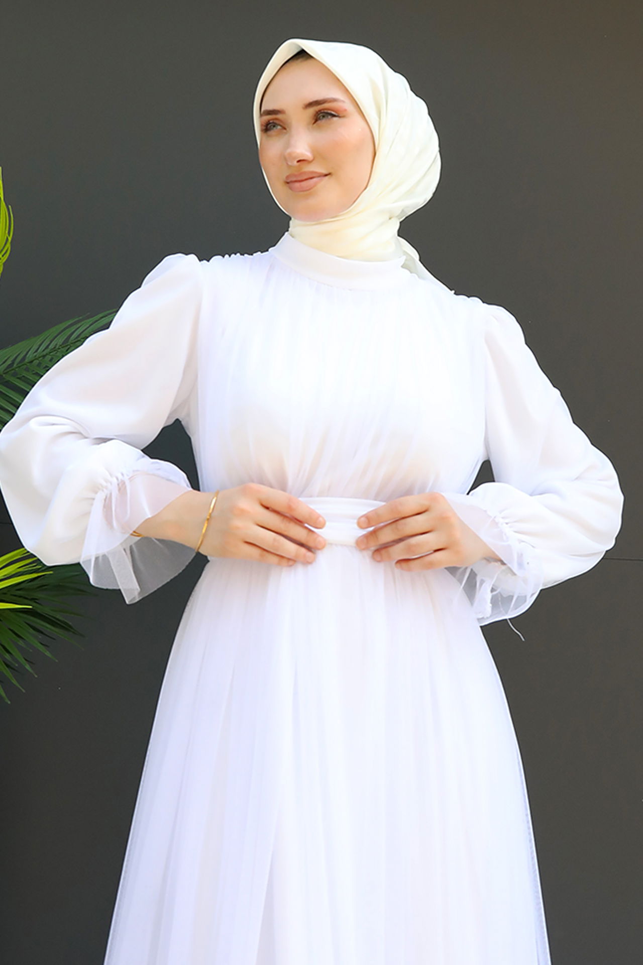 Kuşaklı Fırfırlı Tül Elbise Beyaz - 5
