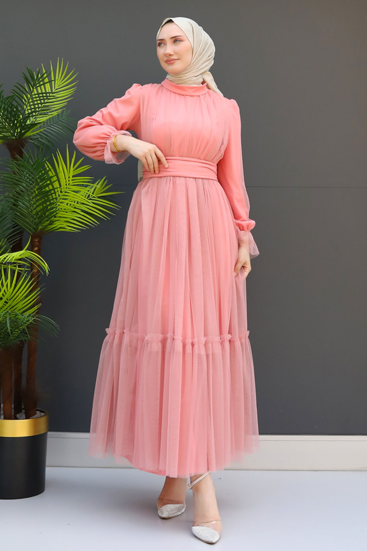 Kuşaklı Fırfırlı Tül Elbise Pembe 