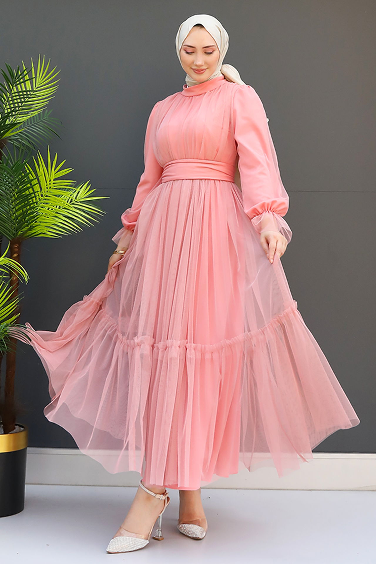 Kuşaklı Fırfırlı Tül Elbise Pembe - 2