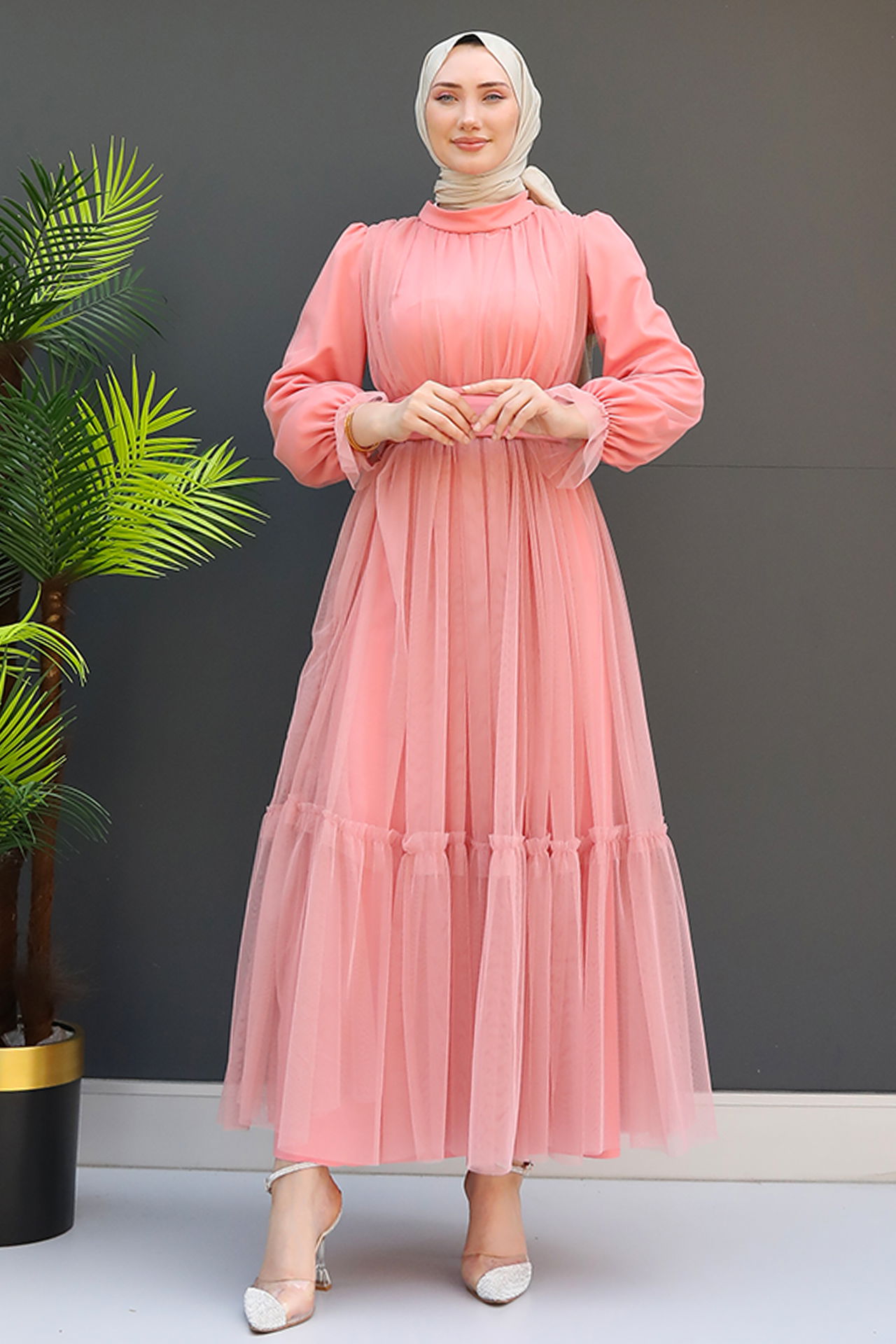 Kuşaklı Fırfırlı Tül Elbise Pembe - 3