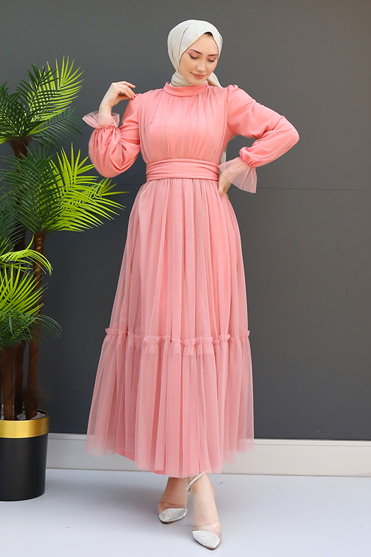 Kuşaklı Fırfırlı Tül Elbise Pembe - 4