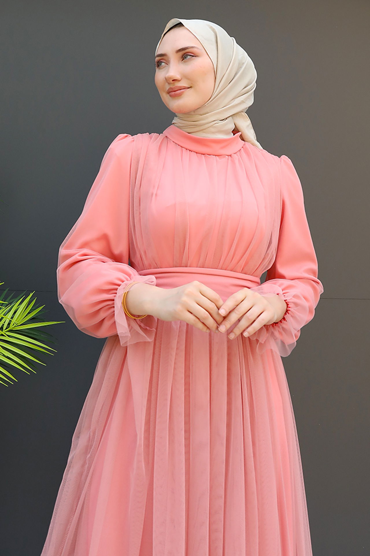 Kuşaklı Fırfırlı Tül Elbise Pembe - 5